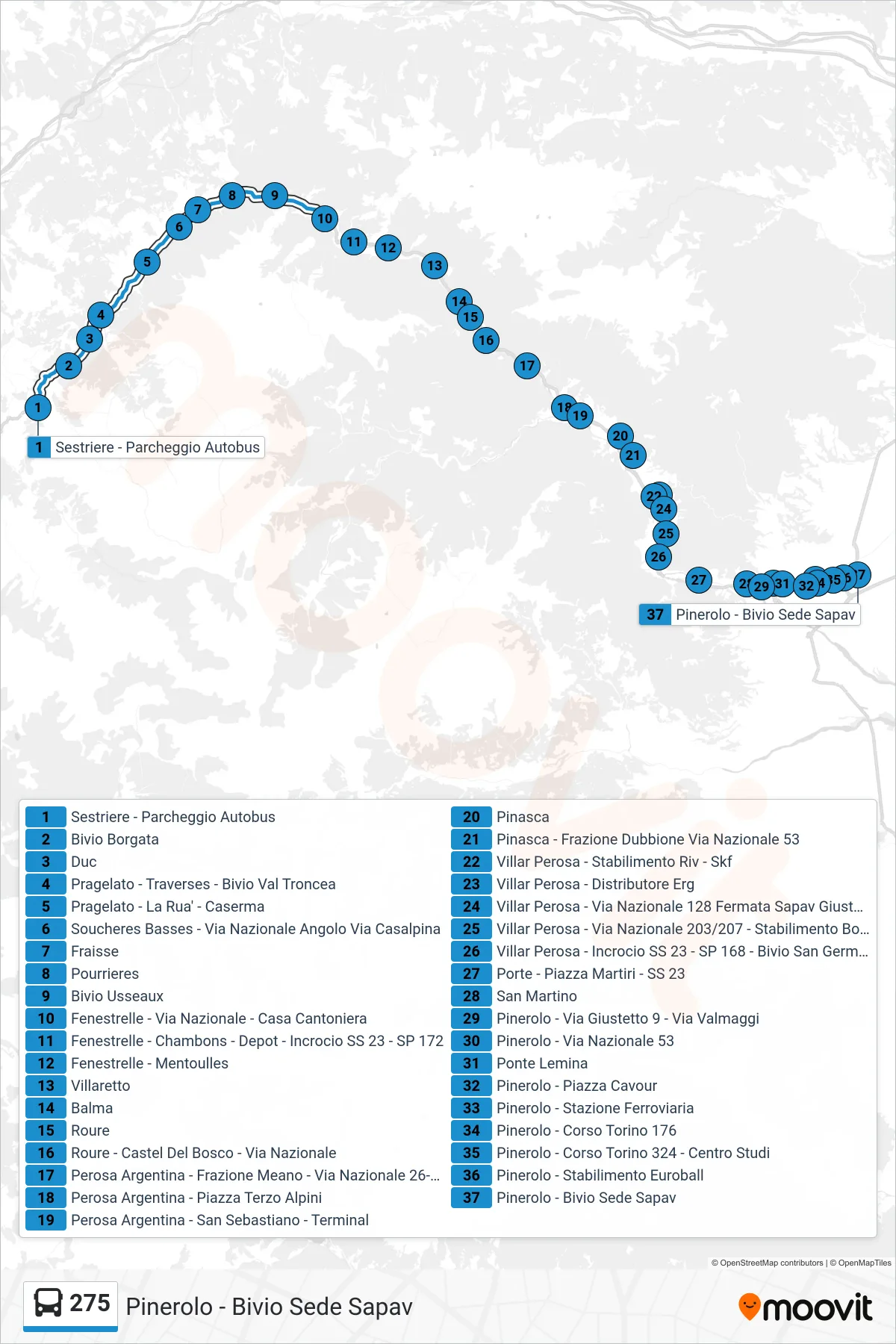 Linea 275 bus (Pinerolo - Bivio Sede Sapav) - Percorsi e fermate sulla mappa