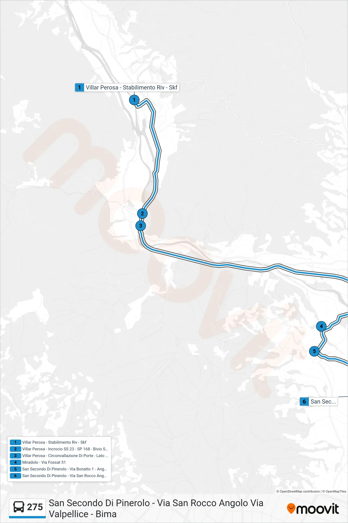 Linea 275 bus (San Secondo Di Pinerolo - Via San Rocco Angolo Via Valpellice - Bima) - Percorsi e fermate sulla mappa