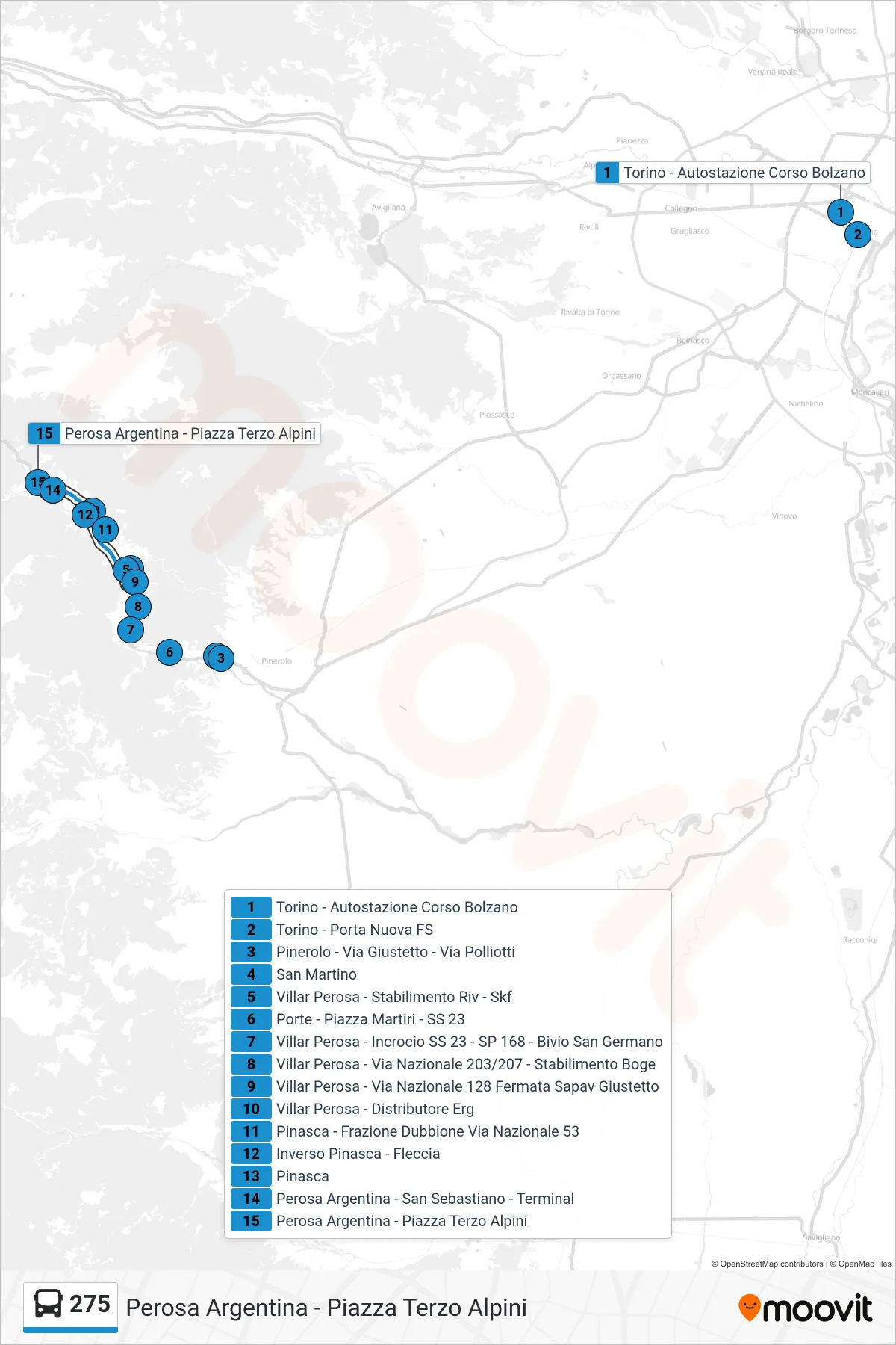 Linea 275  bus (Perosa Argentina - Piazza Terzo Alpini) - Percorsi e fermate sulla mappa