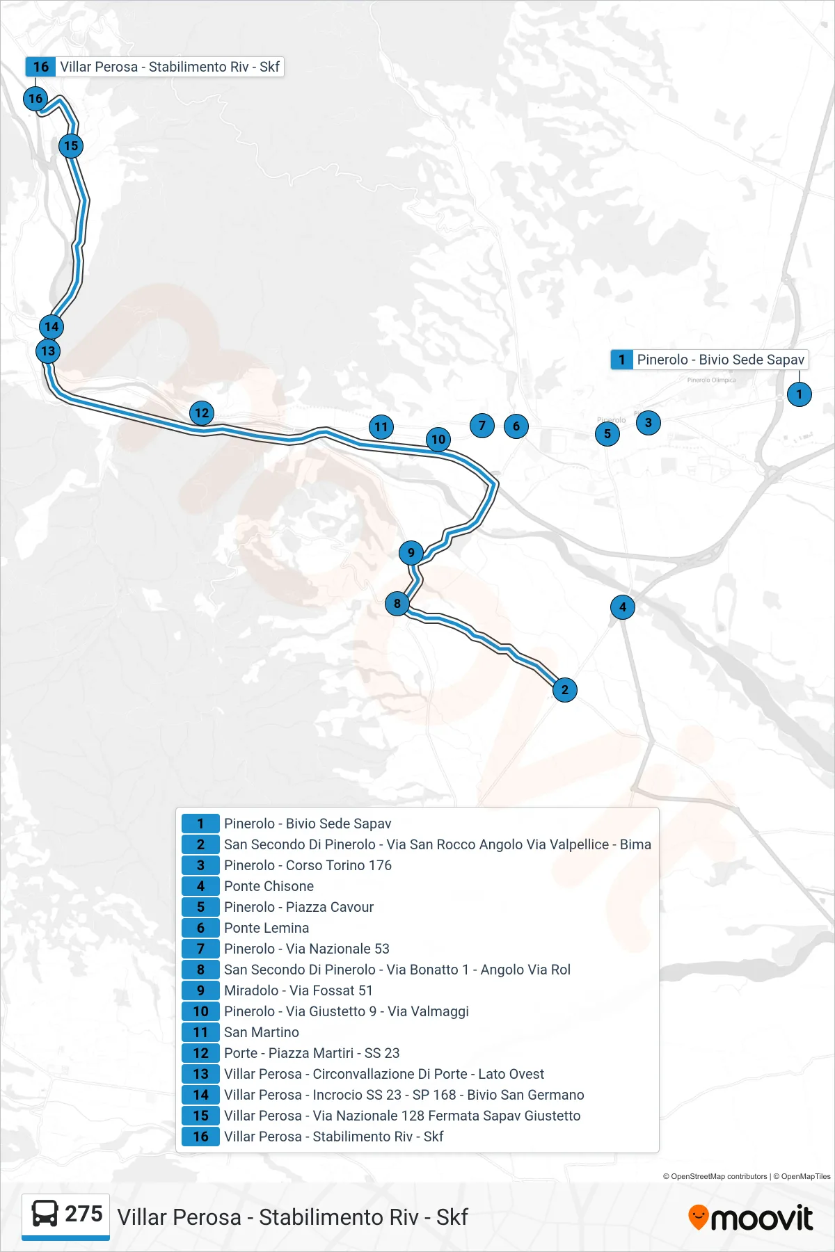 Linea 275 bus (Villar Perosa - Stabilimento Riv - Skf) - Percorsi e fermate sulla mappa