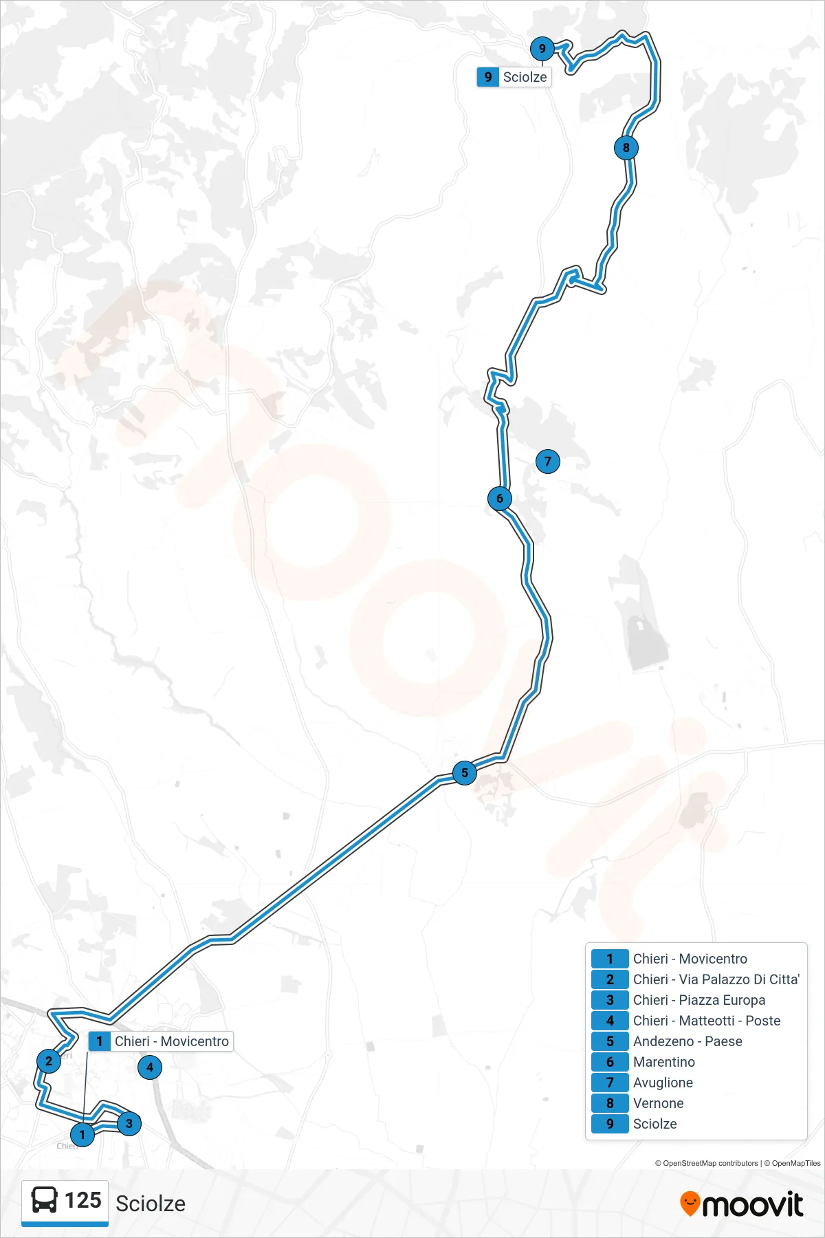 Linea 125 bus (Sciolze) - Percorsi e fermate sulla mappa