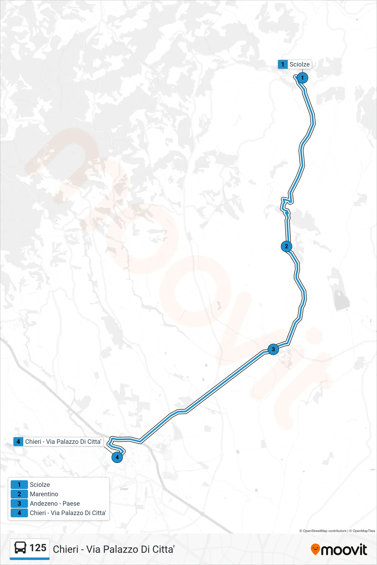 Linea 125 bus (Chieri - Via Palazzo Di Citta') - Percorsi e fermate sulla mappa