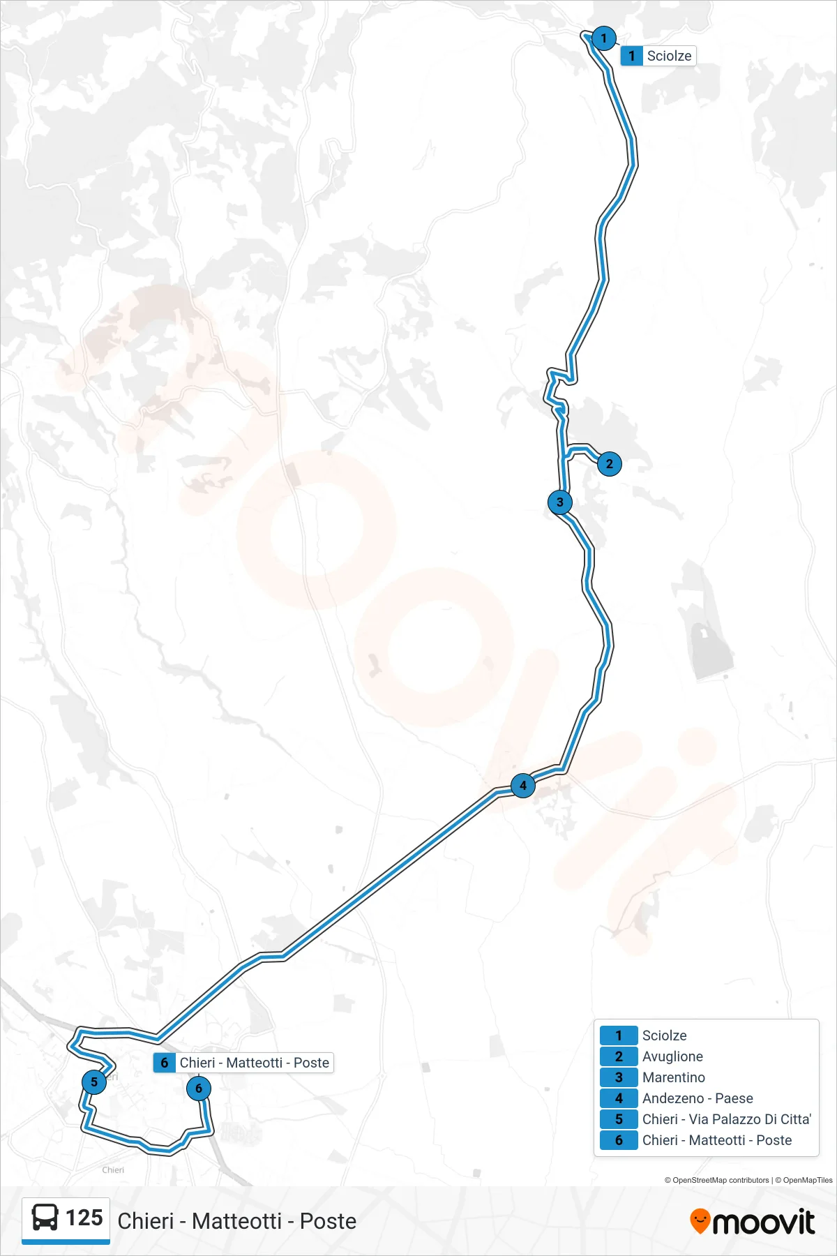 Linea 125 bus (Chieri - Matteotti - Poste) - Percorsi e fermate sulla mappa