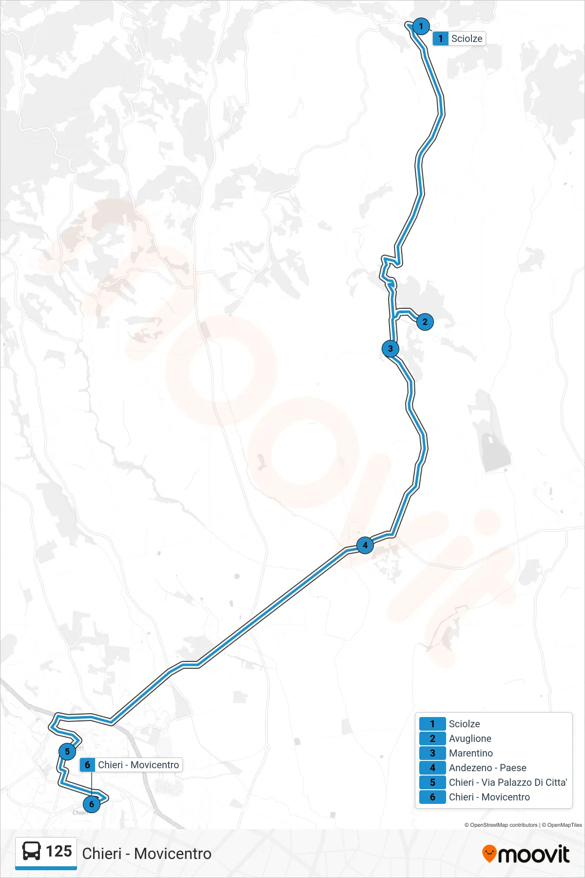 Linea 125  bus (Chieri - Movicentro) - Percorsi e fermate sulla mappa