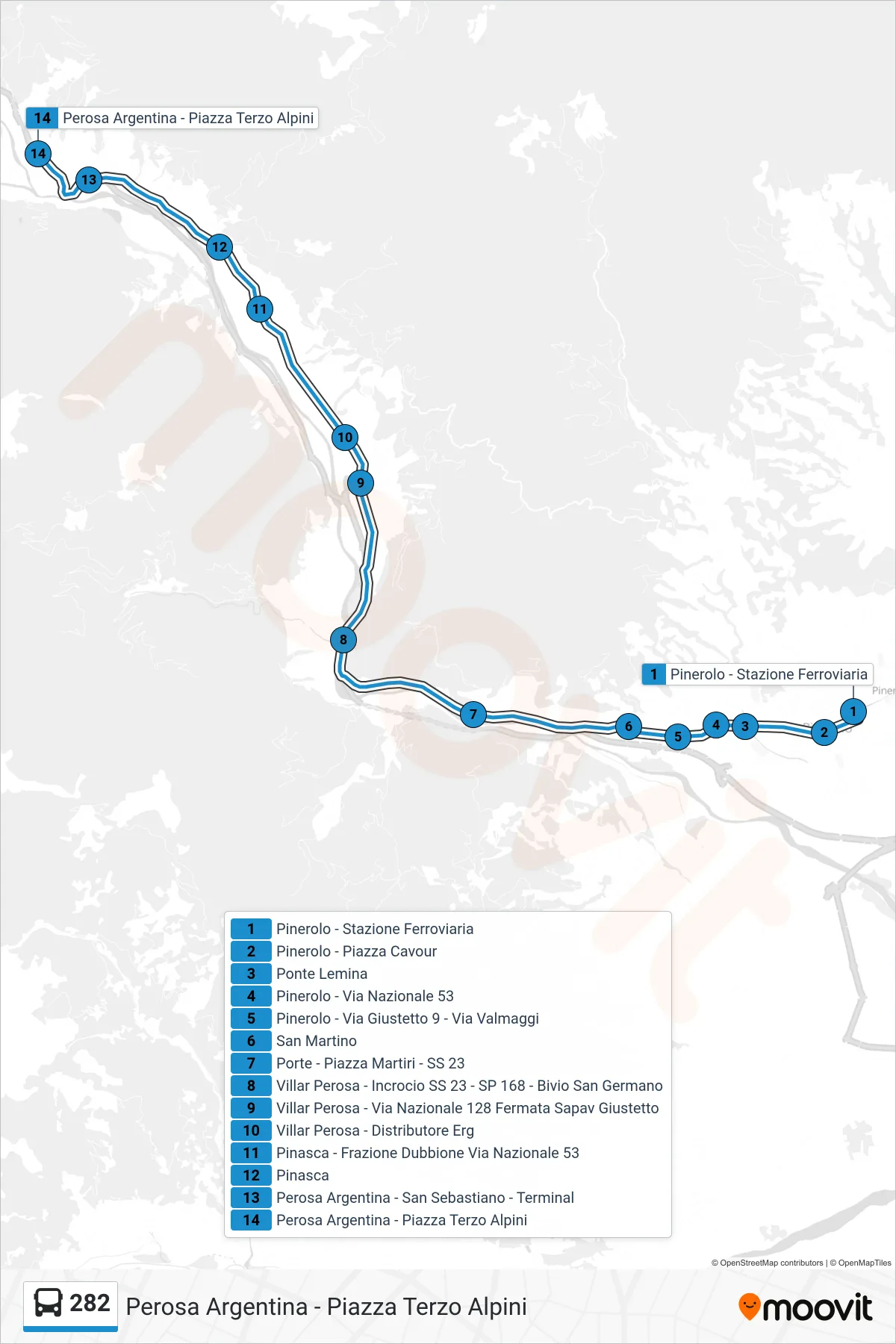 Linea 282 bus (Perosa Argentina - Piazza Terzo Alpini) - Percorsi e fermate sulla mappa
