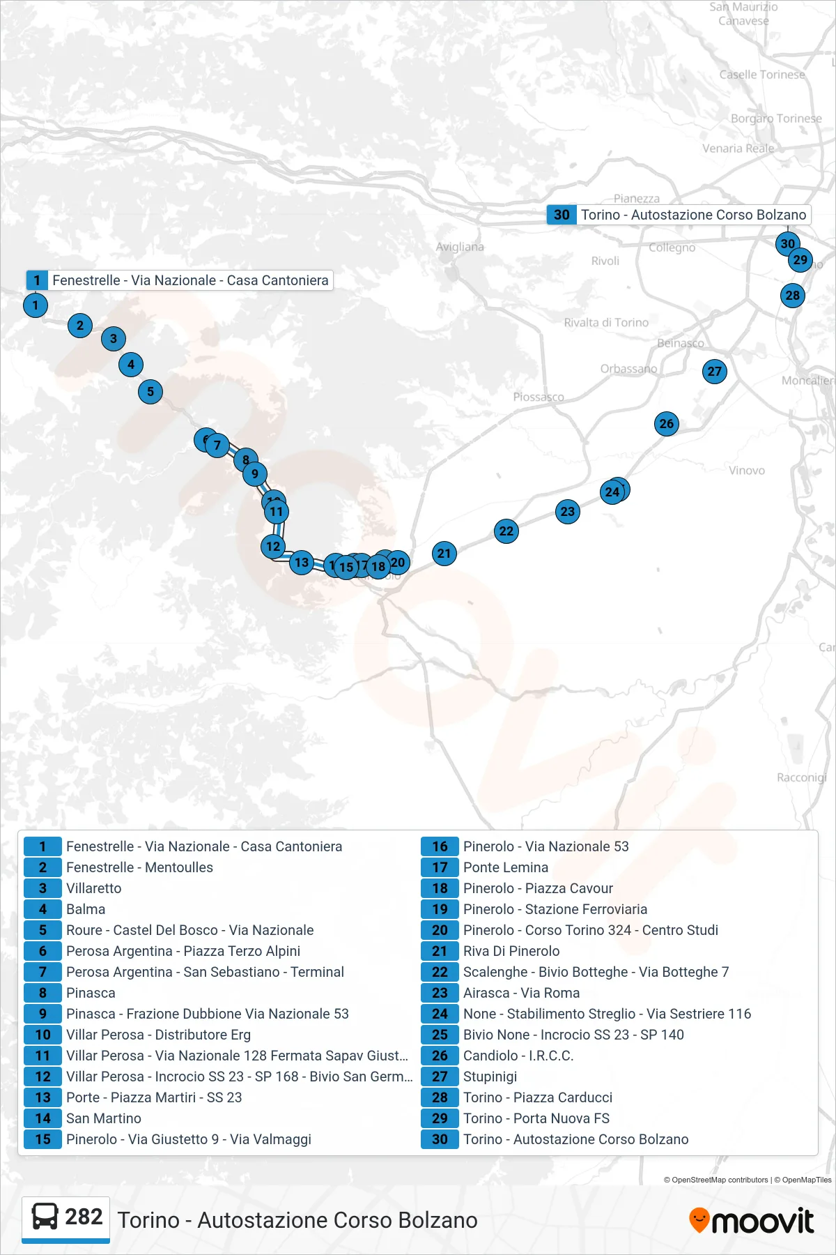 Linea 282  bus (Torino - Autostazione Corso Bolzano) - Percorsi e fermate sulla mappa