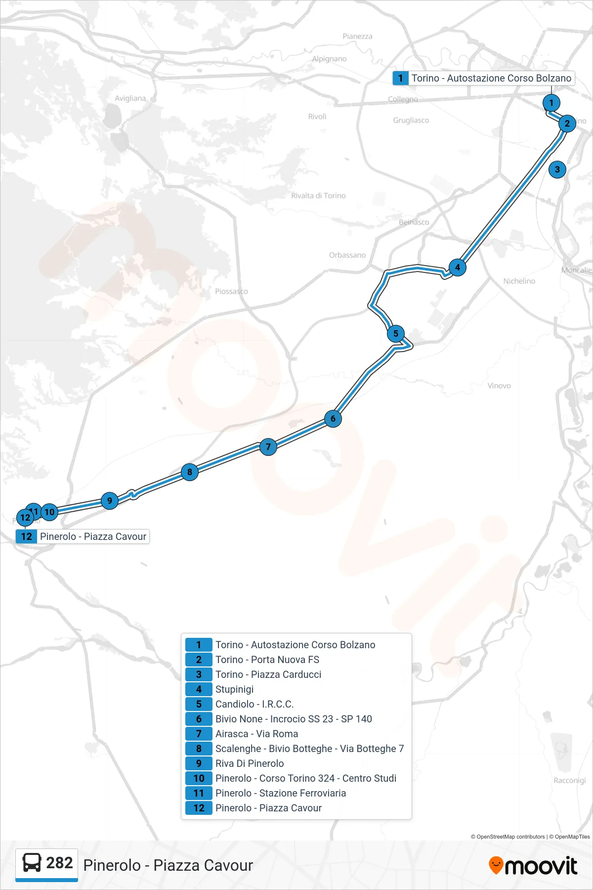 Linea 282 bus (Pinerolo - Piazza Cavour) - Percorsi e fermate sulla mappa