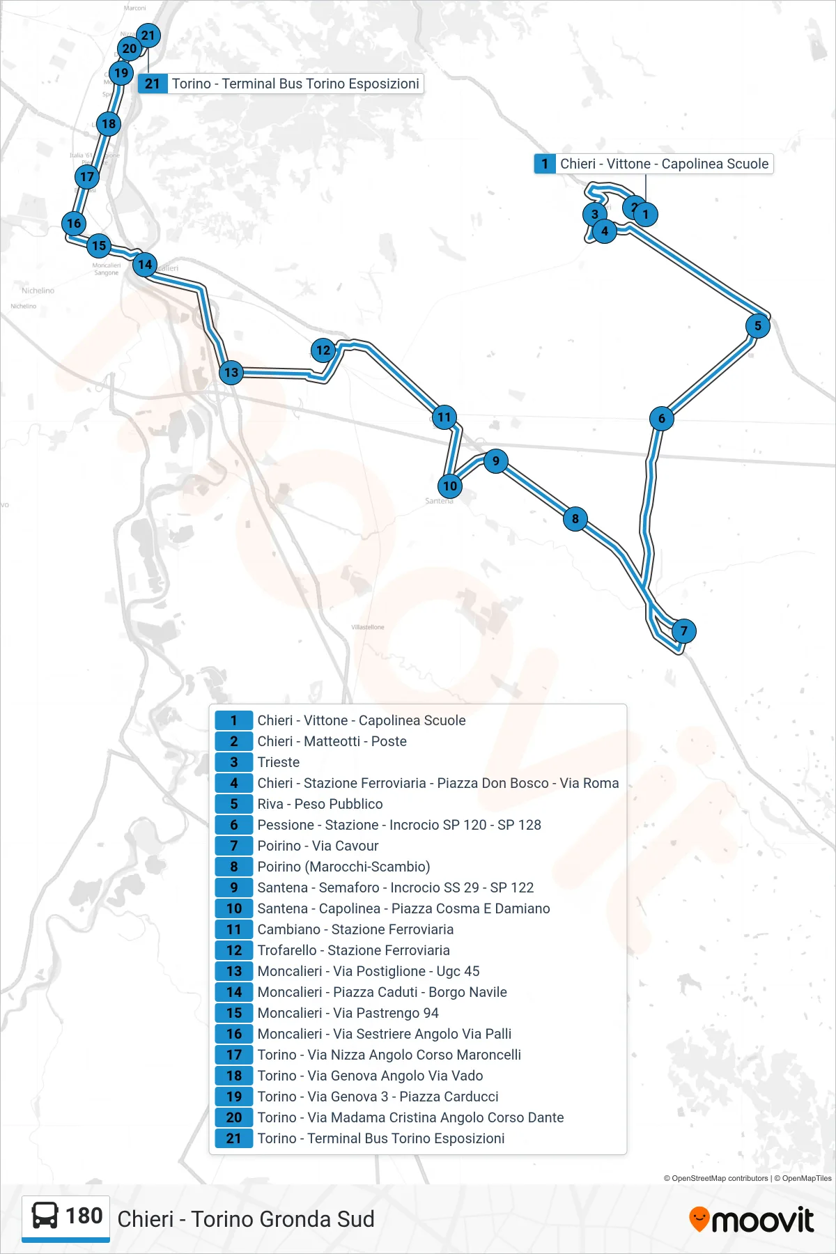 Linea 180 bus (Torino - Terminal Bus Torino Esposizioni) - Percorsi e fermate sulla mappa