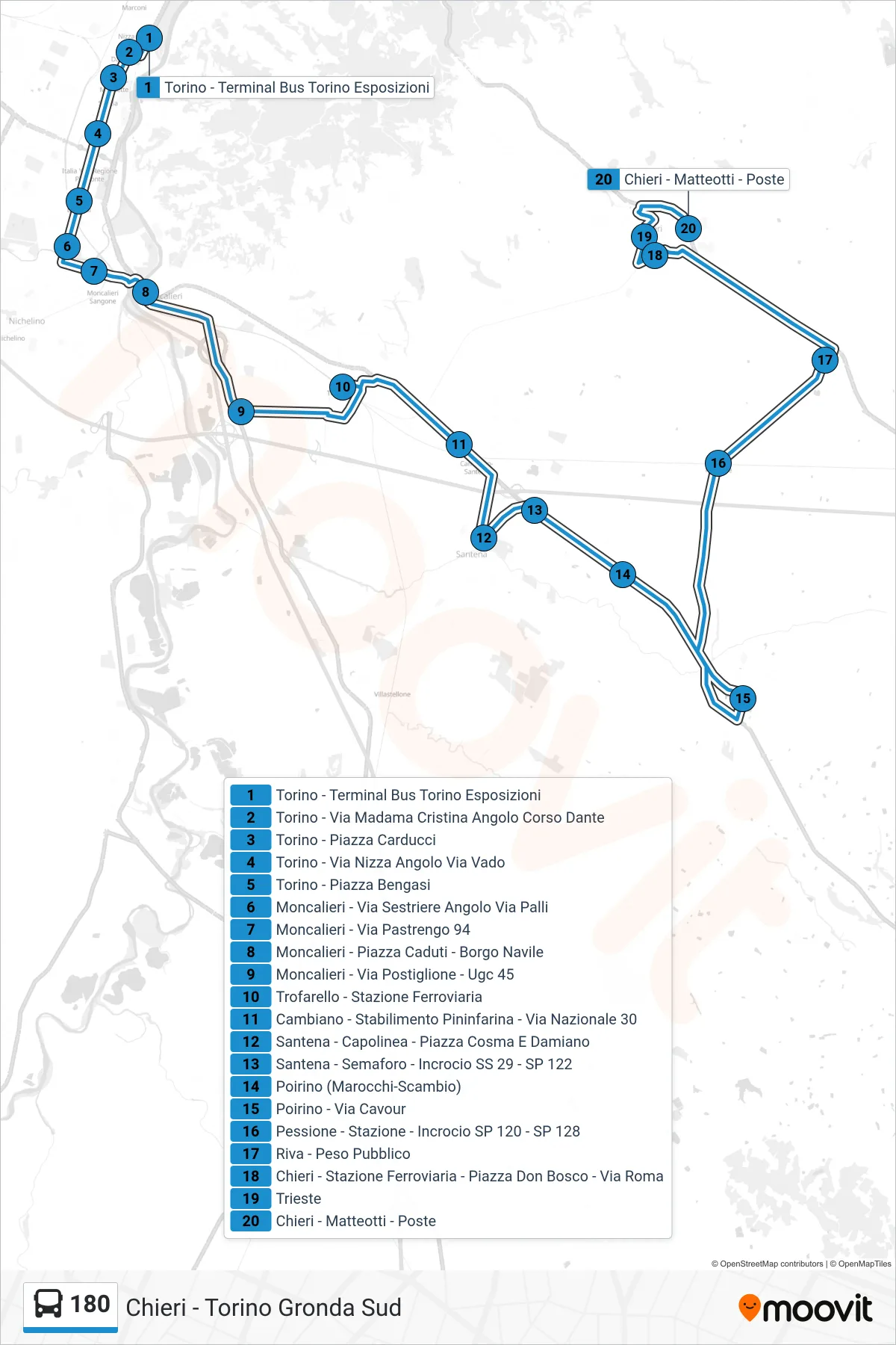 Linea 180 bus (Chieri - Matteotti - Poste) - Percorsi e fermate sulla mappa