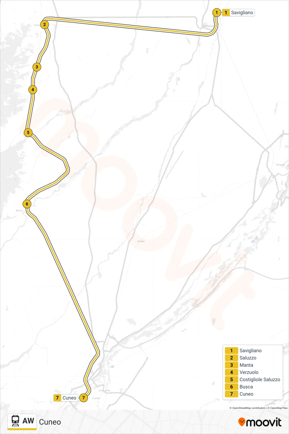 Linea AW  treno (Cuneo) - Percorsi e fermate sulla mappa