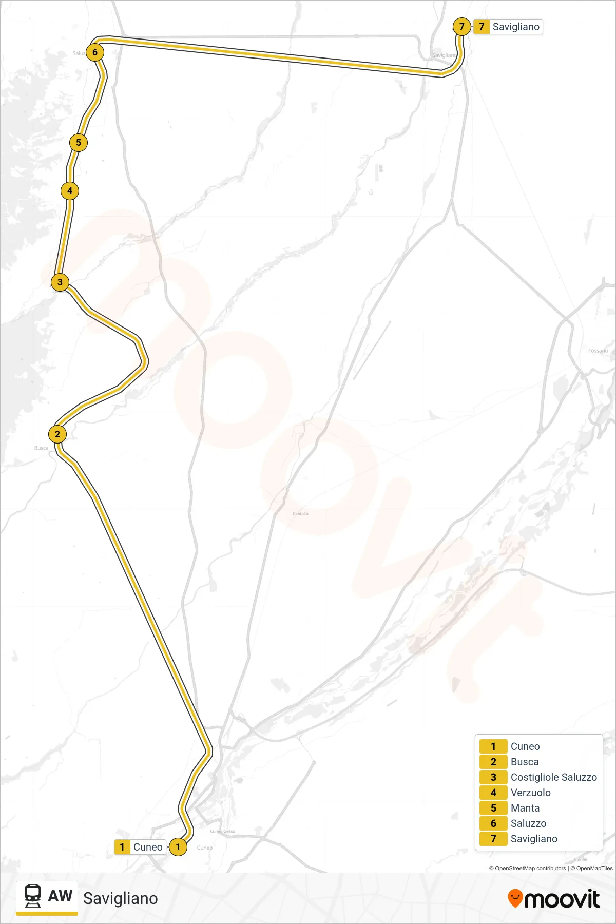 Linea AW  treno (Savigliano) - Percorsi e fermate sulla mappa