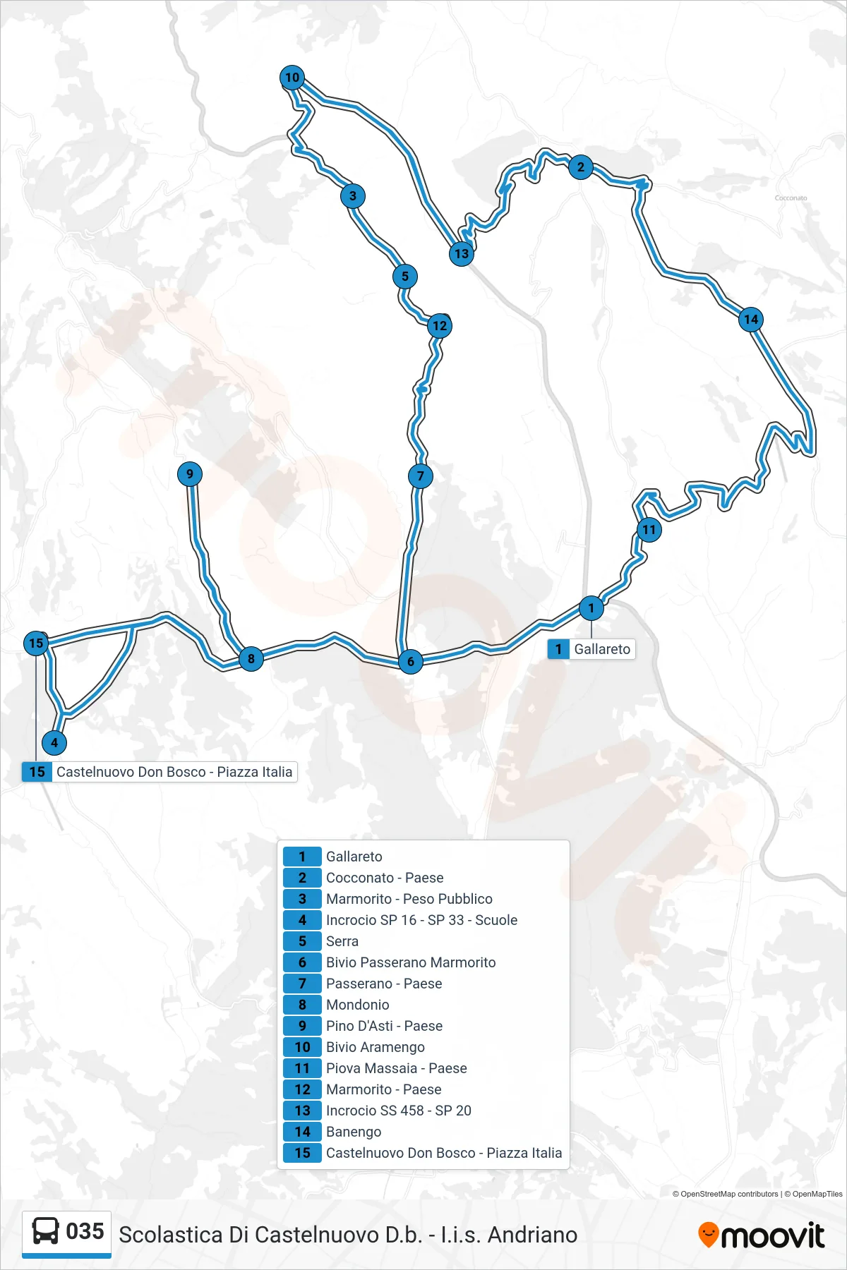 Linea 035 bus (Castelnuovo Don Bosco - Piazza Italia) - Percorsi e fermate sulla mappa
