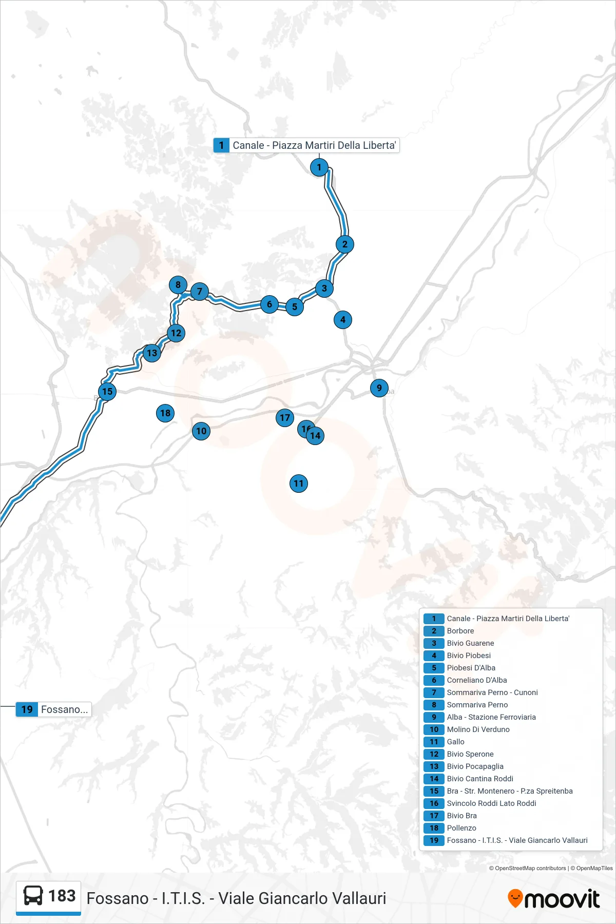 Linea 183 bus (Fossano - I.T.I.S. - Viale Giancarlo Vallauri) - Percorsi e fermate sulla mappa