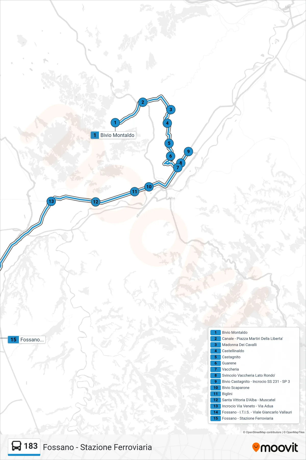Linea 183 bus (Fossano - Stazione Ferroviaria) - Percorsi e fermate sulla mappa