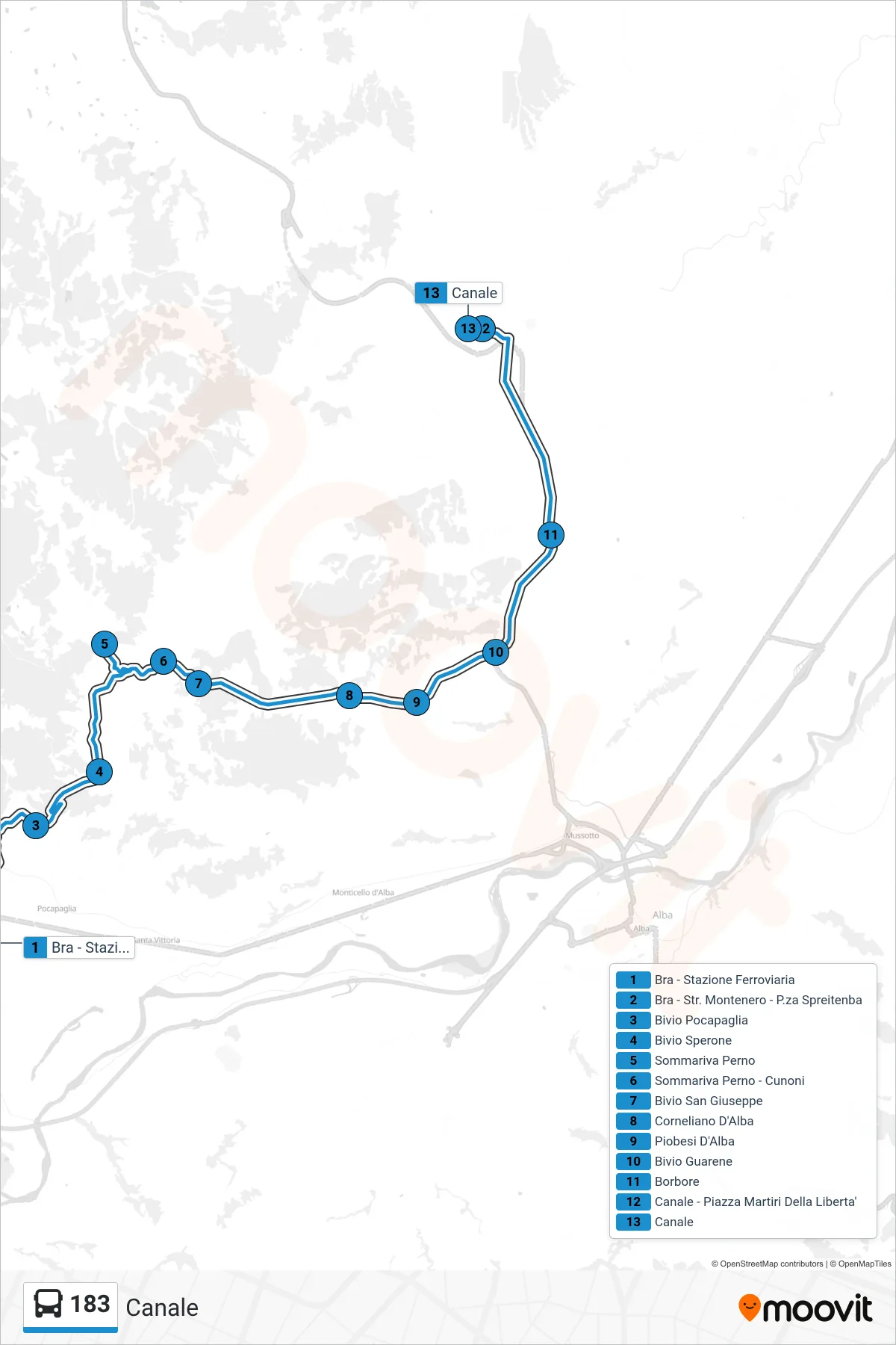 Linea 183  bus (Canale) - Percorsi e fermate sulla mappa