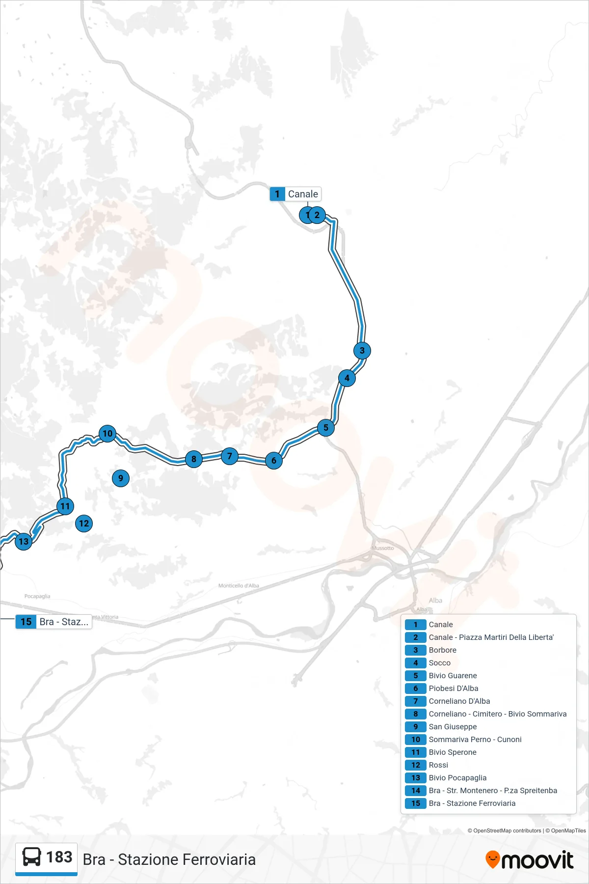 Linea 183  bus (Bra - Stazione Ferroviaria) - Percorsi e fermate sulla mappa