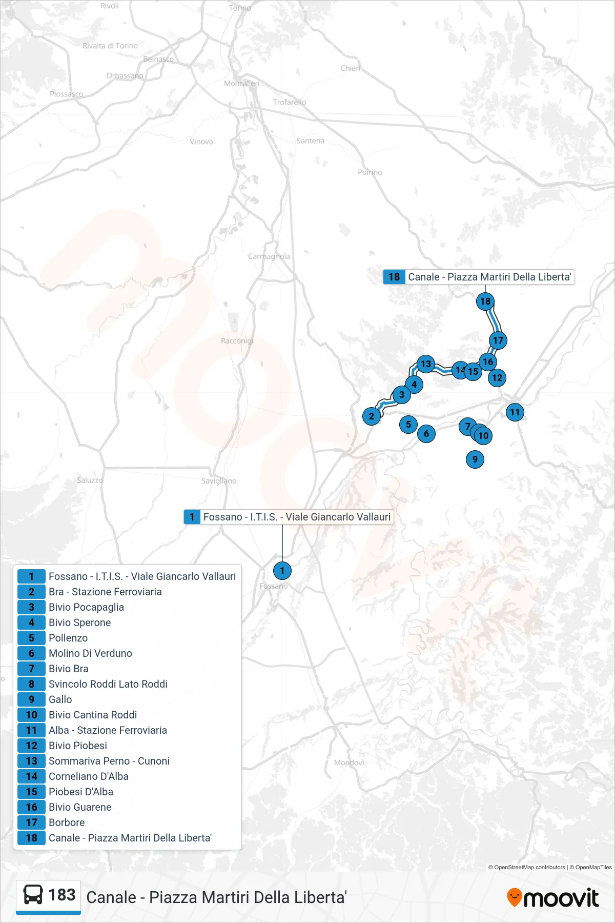 Linea 183 bus (Canale - Piazza Martiri Della Liberta') - Percorsi e fermate sulla mappa