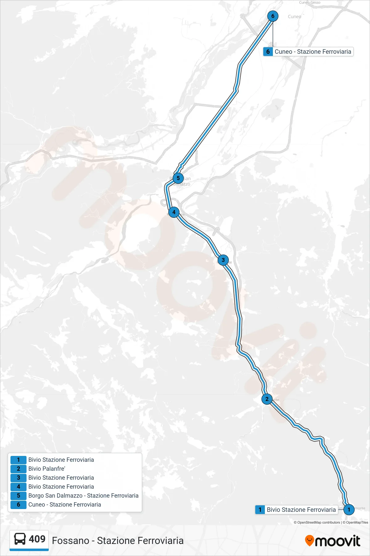 Linea 409 bus (Fossano - Stazione Ferroviaria) - Percorsi e fermate sulla mappa
