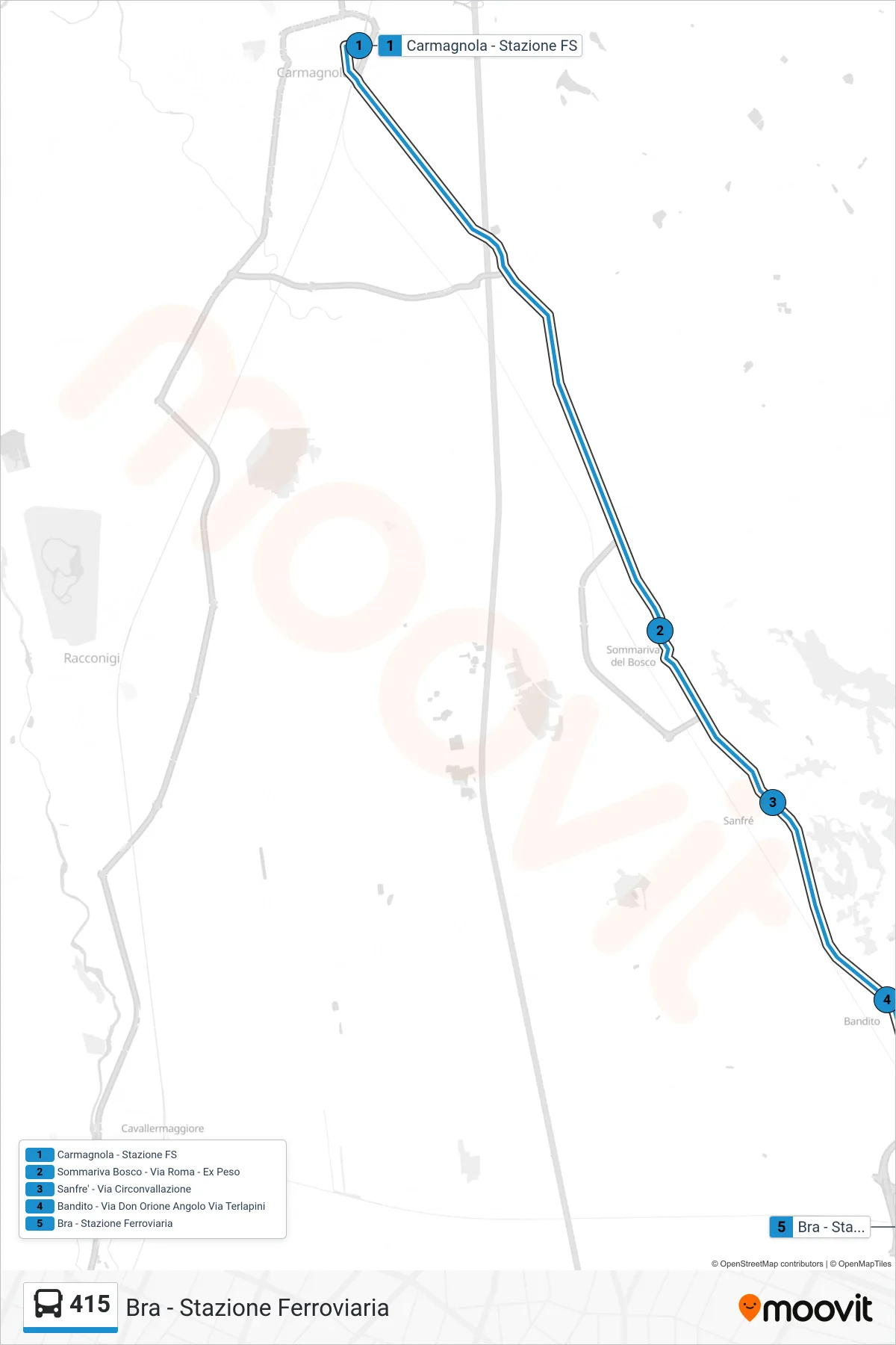 Linea 415  bus (Bra - Stazione Ferroviaria) - Percorsi e fermate sulla mappa