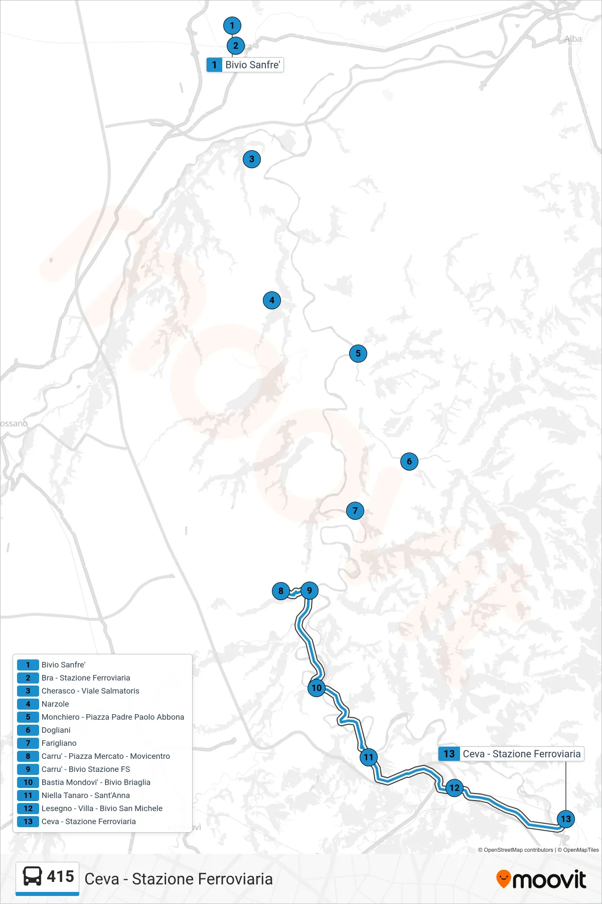 Linea 415 bus (Ceva - Stazione Ferroviaria) - Percorsi e fermate sulla mappa