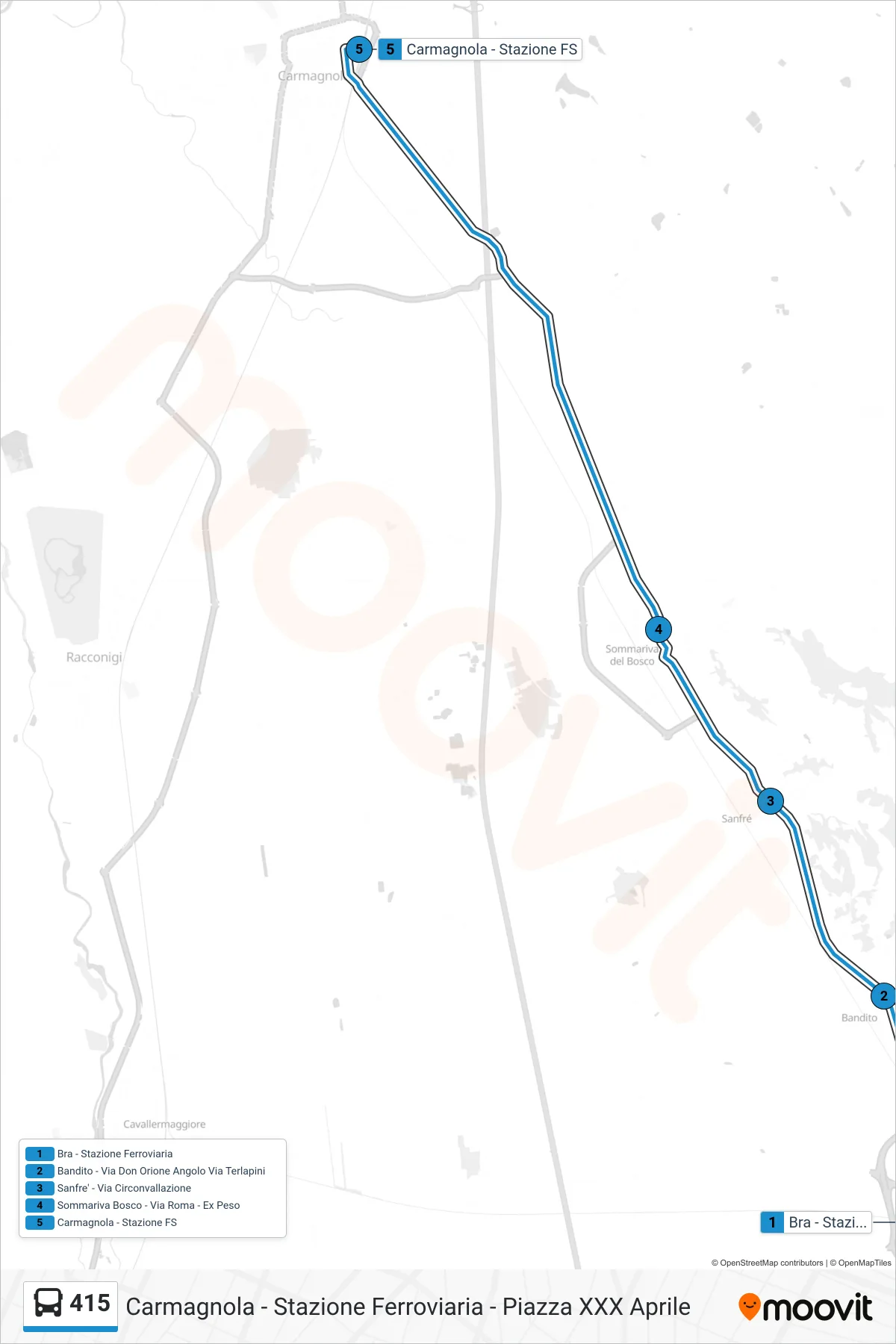 415 bus Line (Carmagnola - Railway Station - Piazza XXX Aprile) route and stops on a map