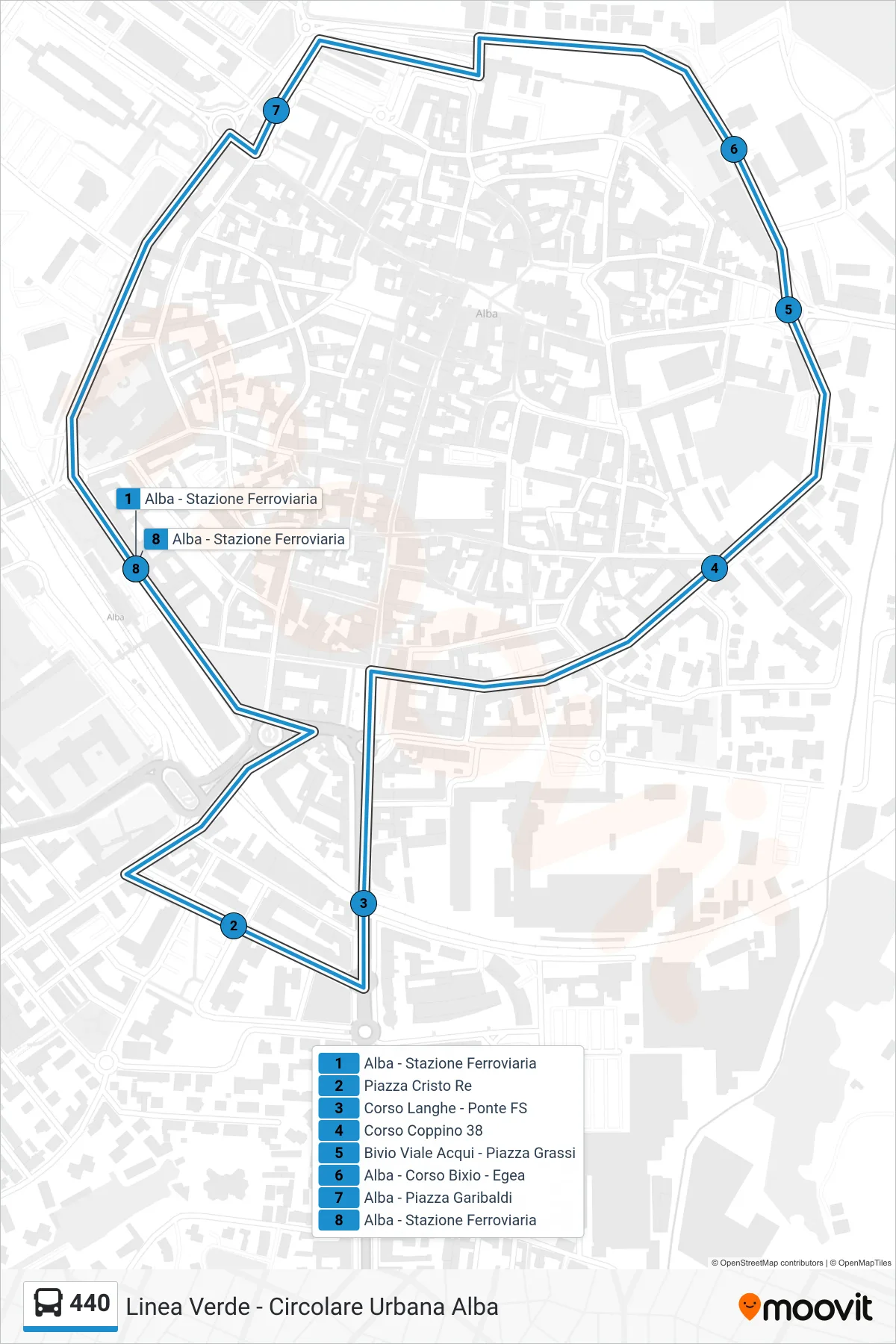 Linea 440  bus (Alba - Stazione Ferroviaria) - Percorsi e fermate sulla mappa