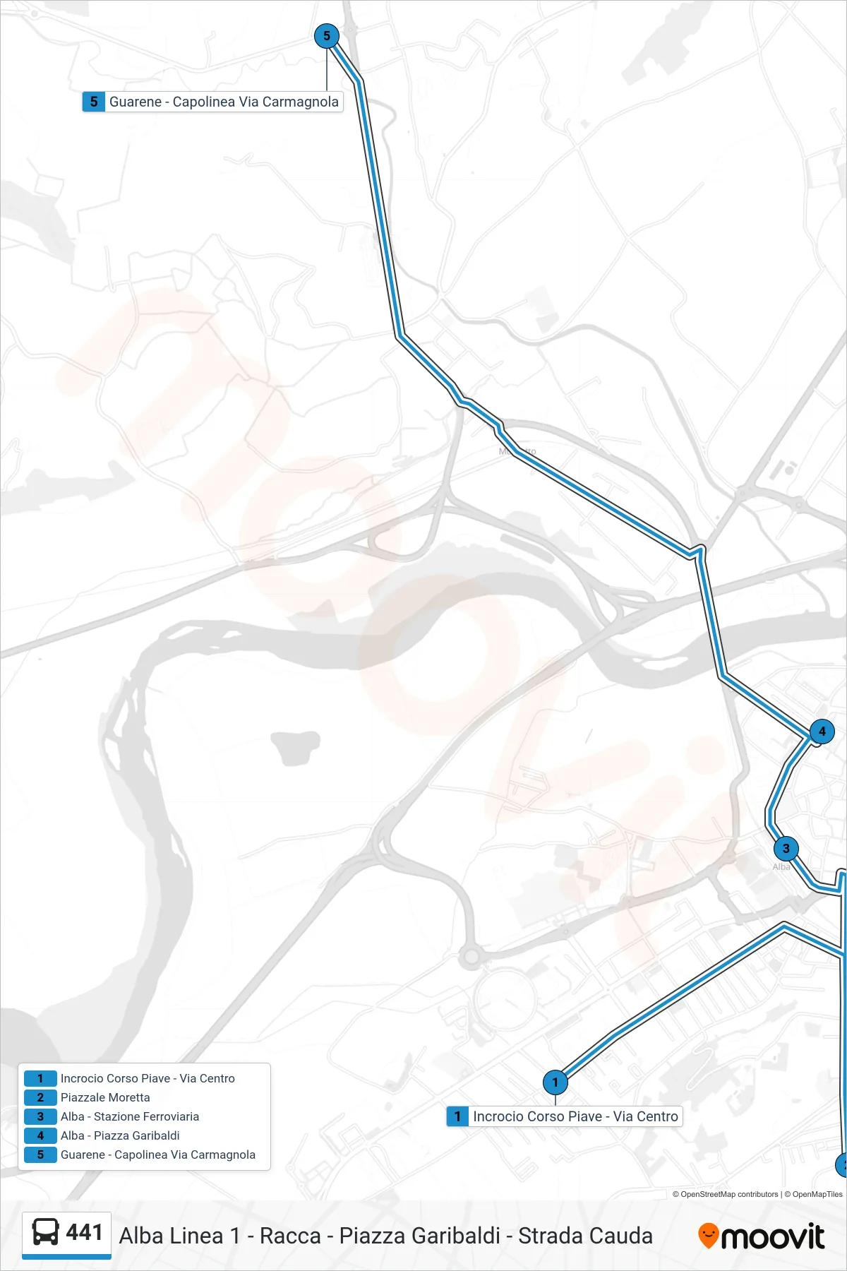 Linea 441  bus (Guarene - Capolinea Via Carmagnola) - Percorsi e fermate sulla mappa