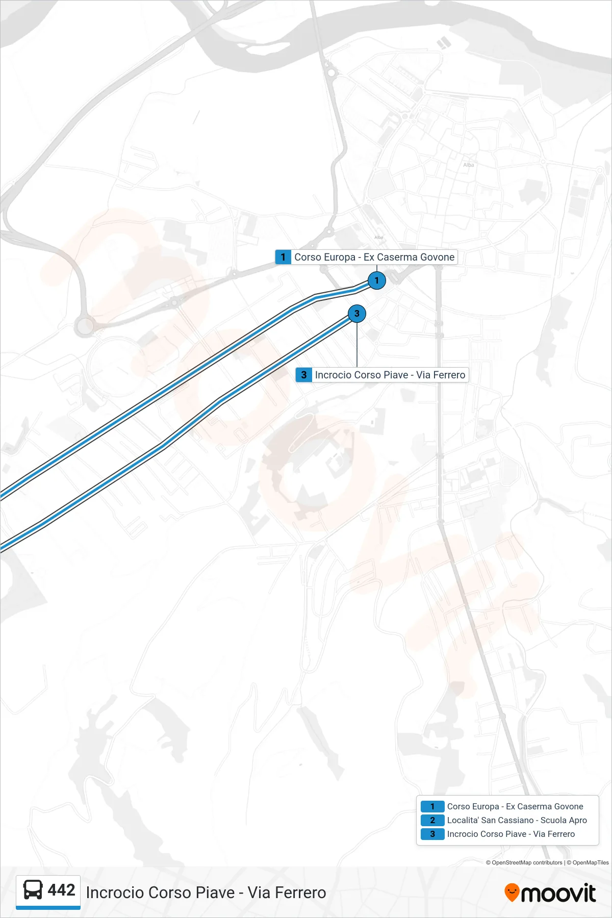 Linea 442 bus (Incrocio Corso Piave - Via Ferrero) - Percorsi e fermate sulla mappa