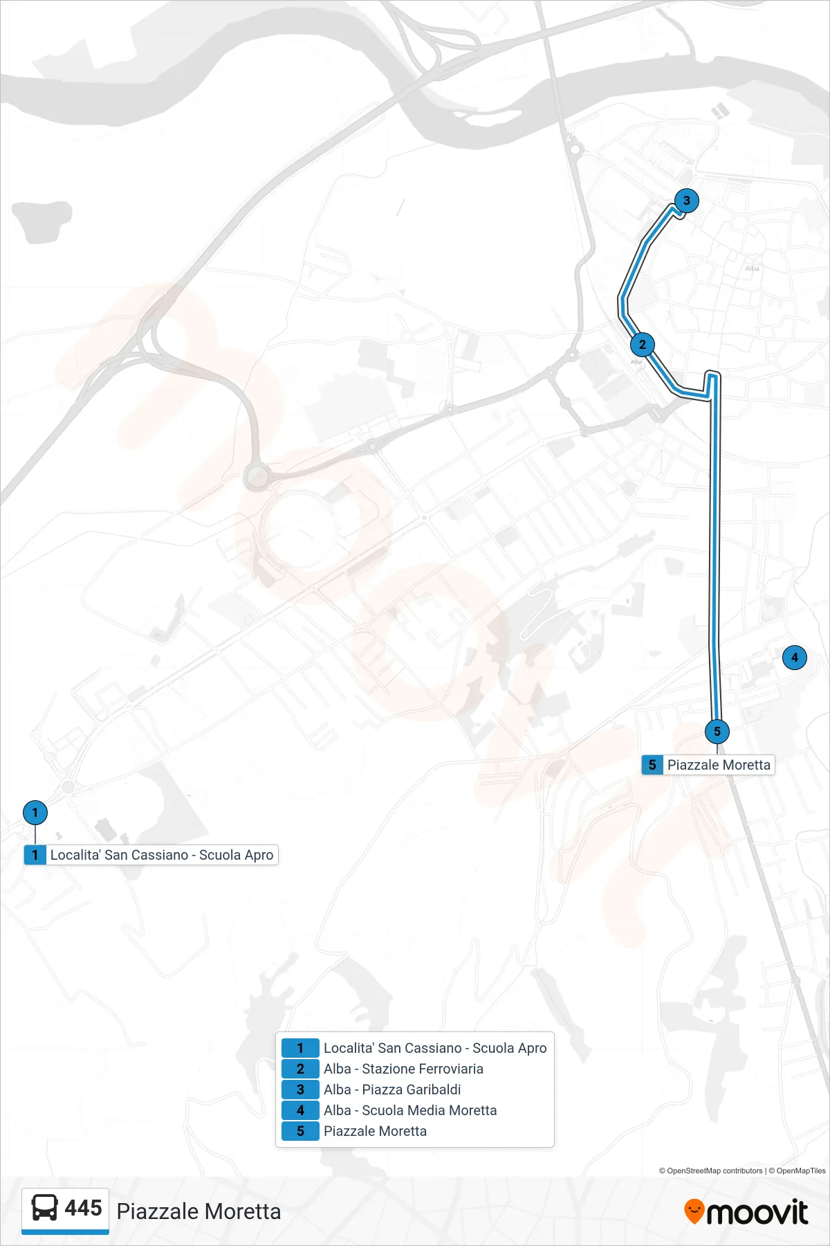 Linea 445 bus (Piazzale Moretta) - Percorsi e fermate sulla mappa