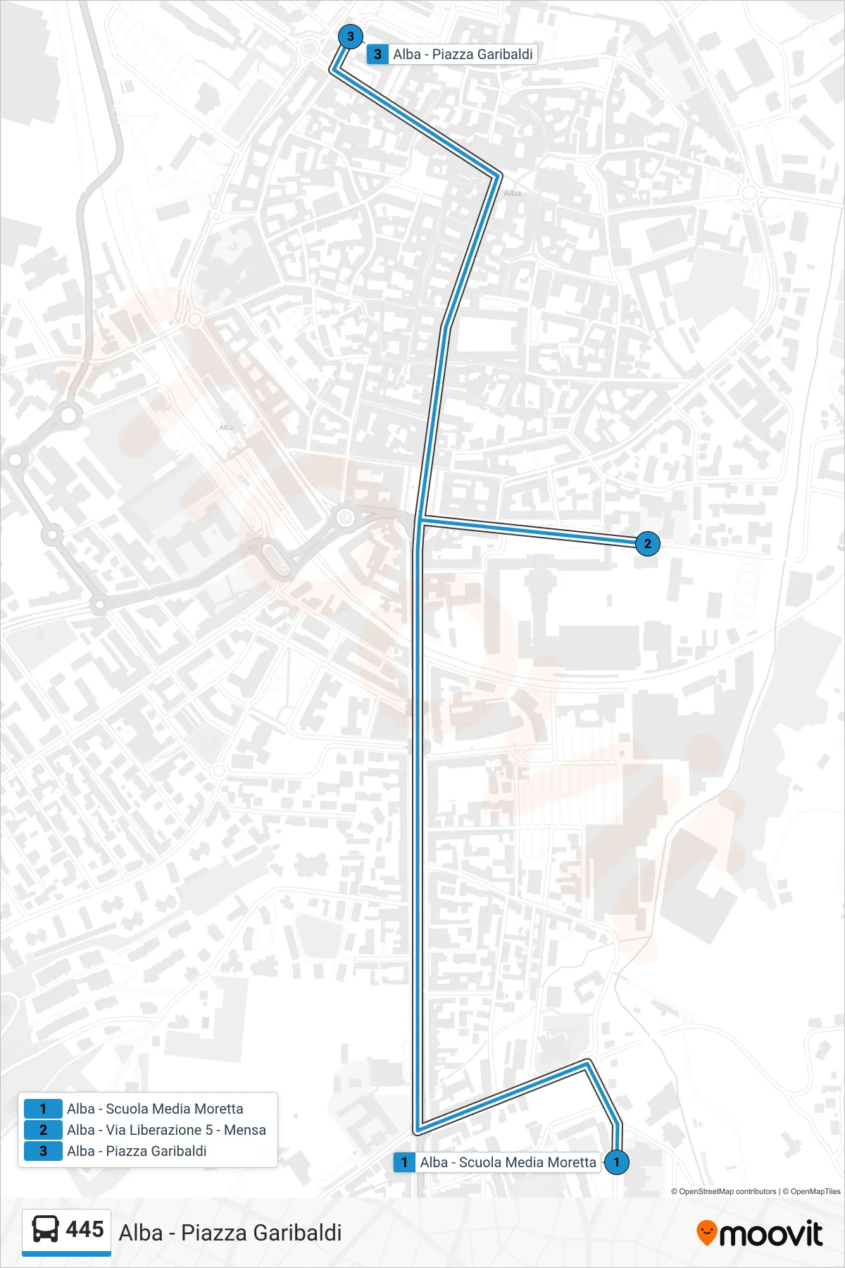 445 bus Line (Alba - Piazza Garibaldi) route and stops on a map