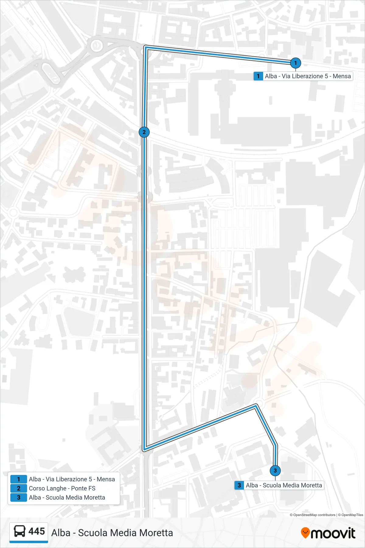 Linea 445  bus (Alba - Scuola Media Moretta) - Percorsi e fermate sulla mappa