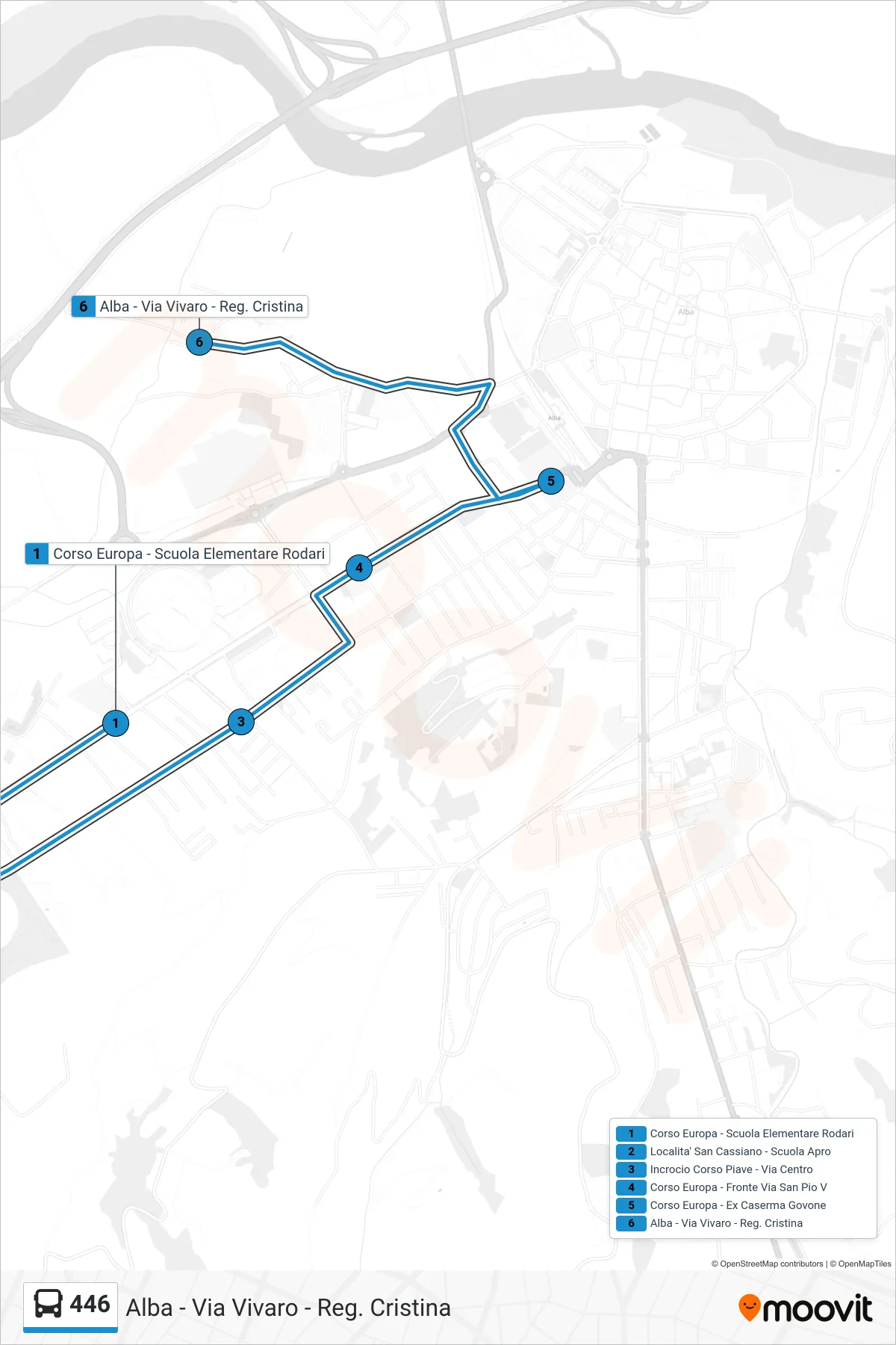 Linea 446 bus (Alba - Via Vivaro - Reg. Cristina) - Percorsi e fermate sulla mappa
