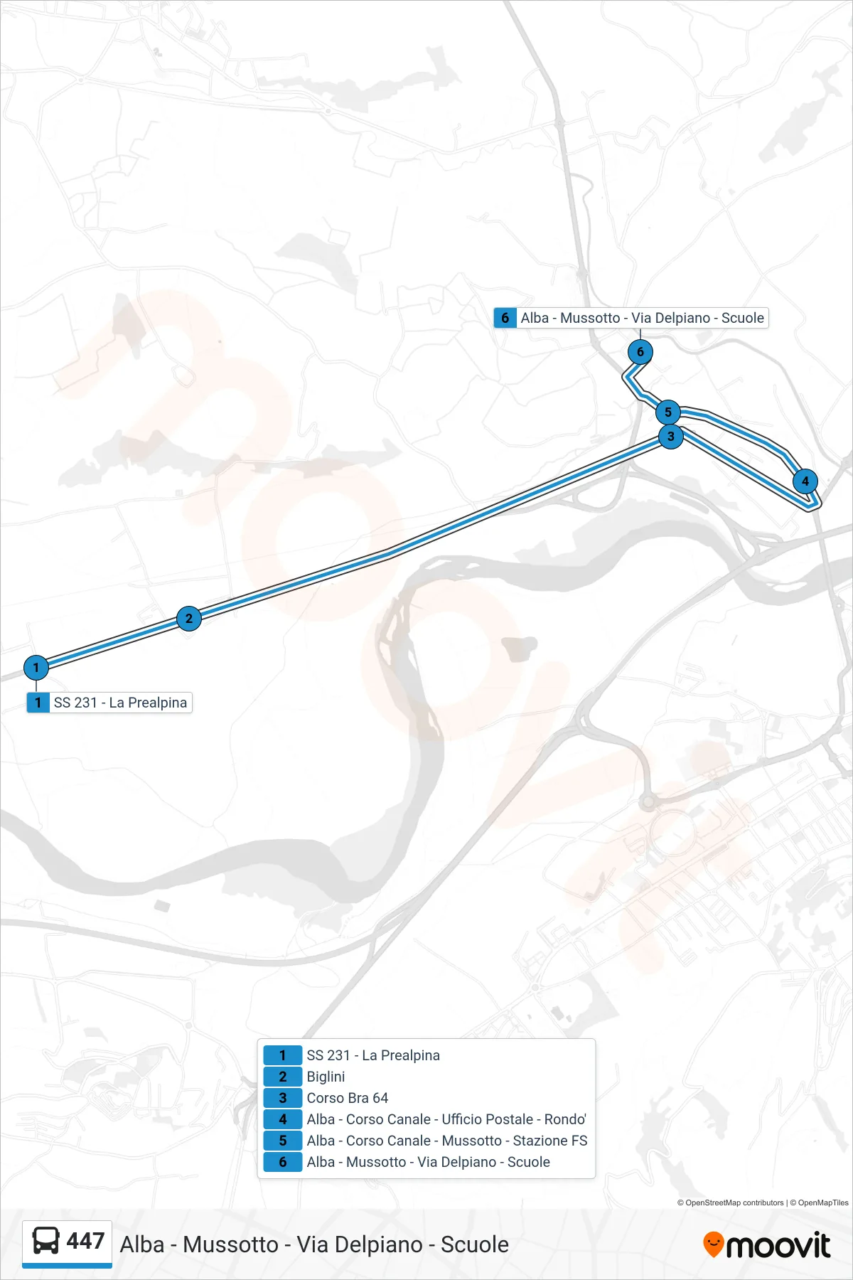 Linea 447  bus (Alba - Mussotto - Via Delpiano - Scuole) - Percorsi e fermate sulla mappa