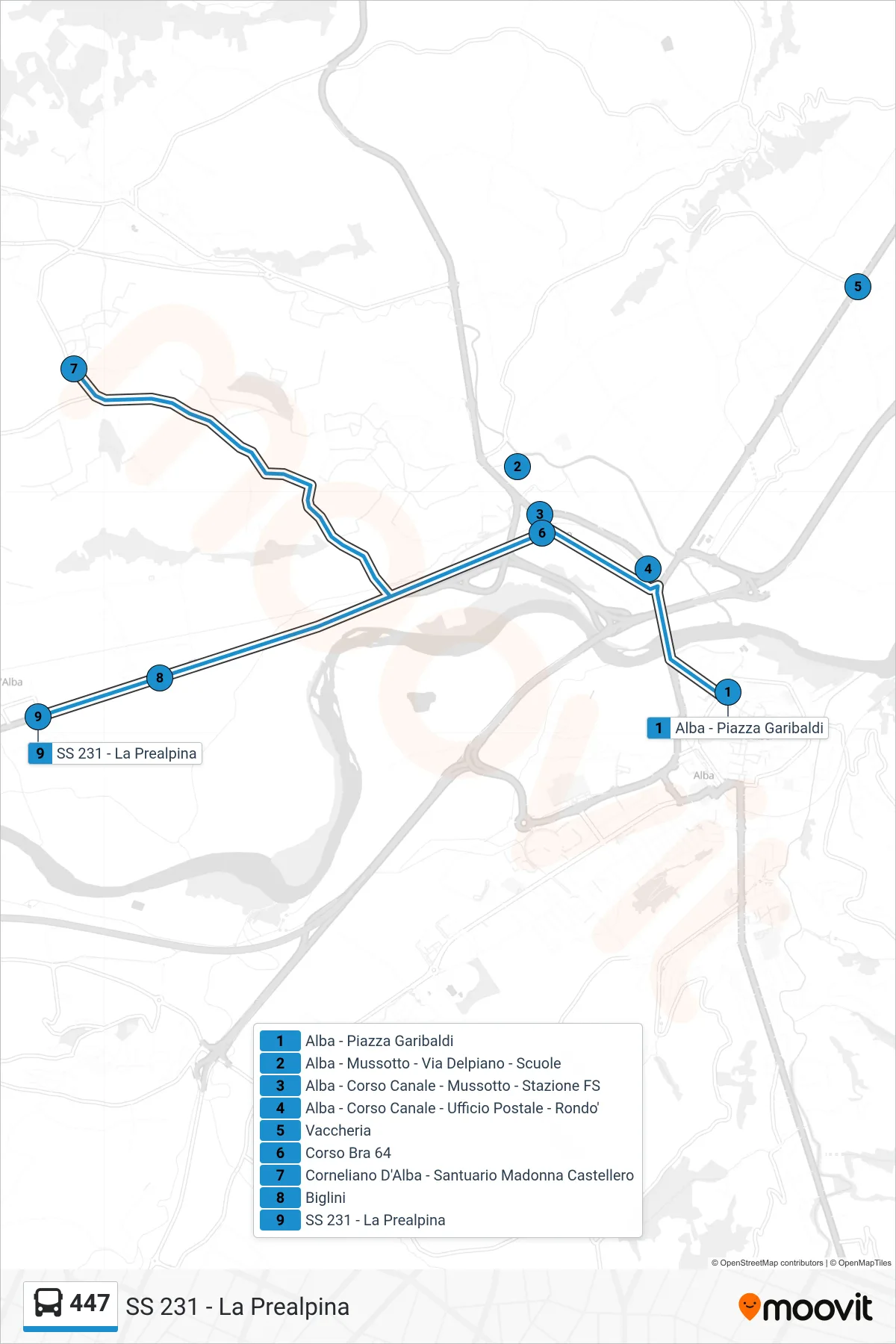 Linea 447  bus (SS 231 - La Prealpina) - Percorsi e fermate sulla mappa