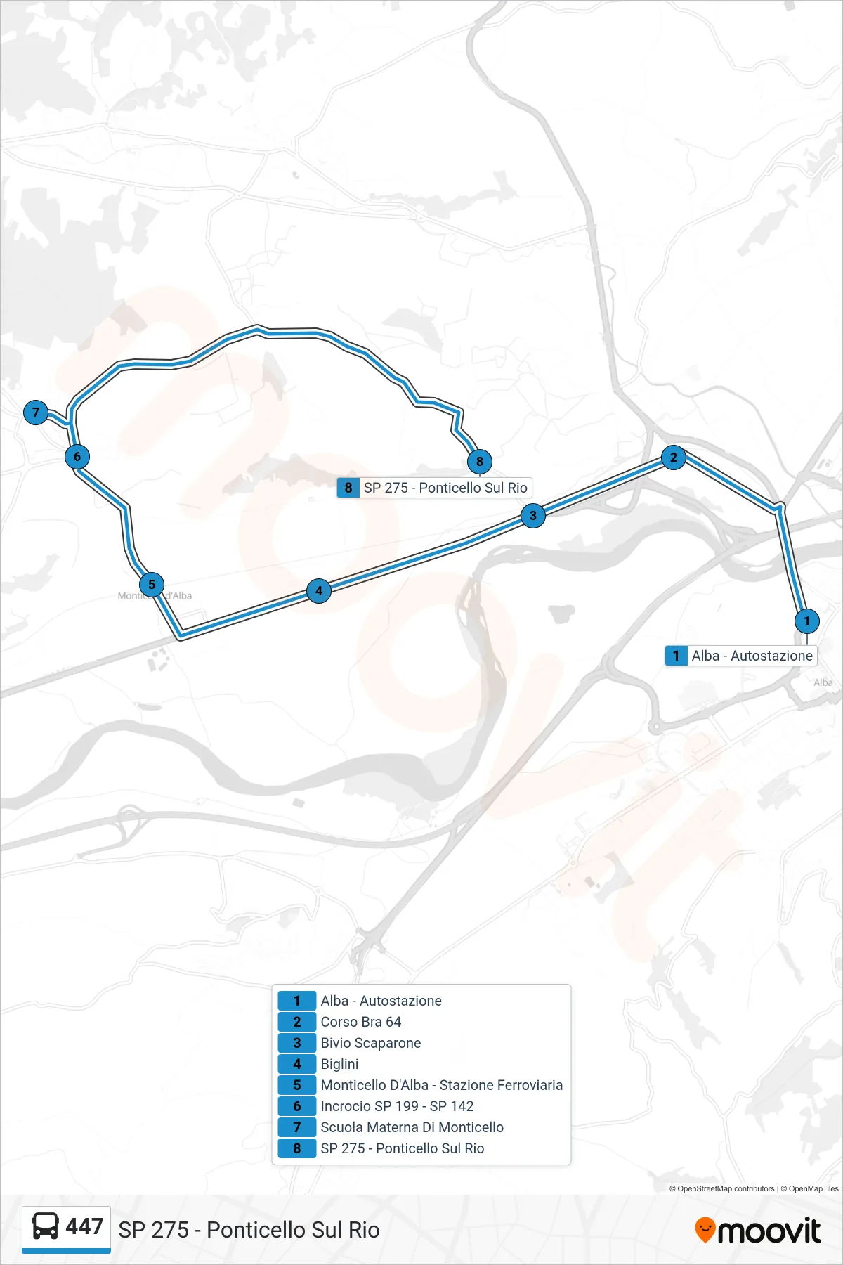 Linea 447  bus (SP 275 - Ponticello Sul Rio) - Percorsi e fermate sulla mappa