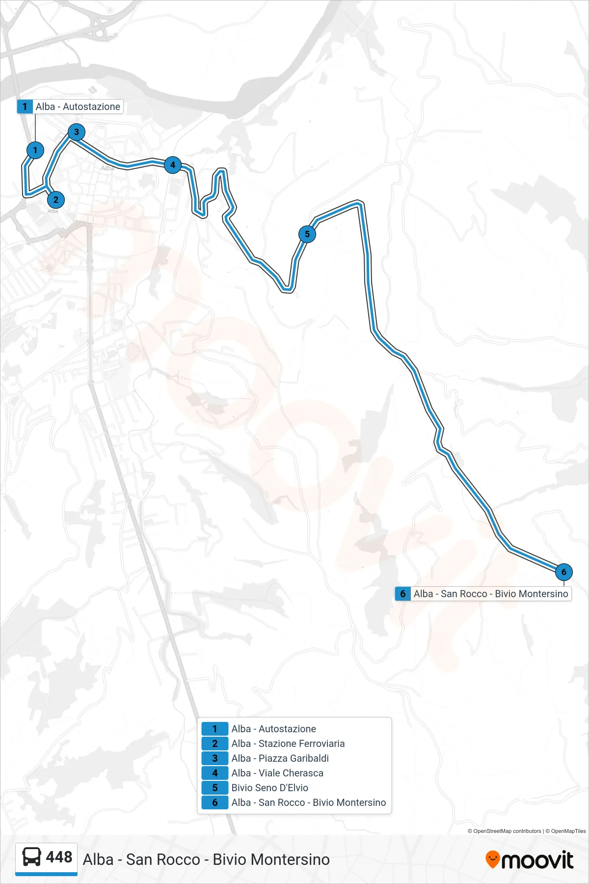 Linea 448 bus (Alba - San Rocco - Bivio Montersino) - Percorsi e fermate sulla mappa