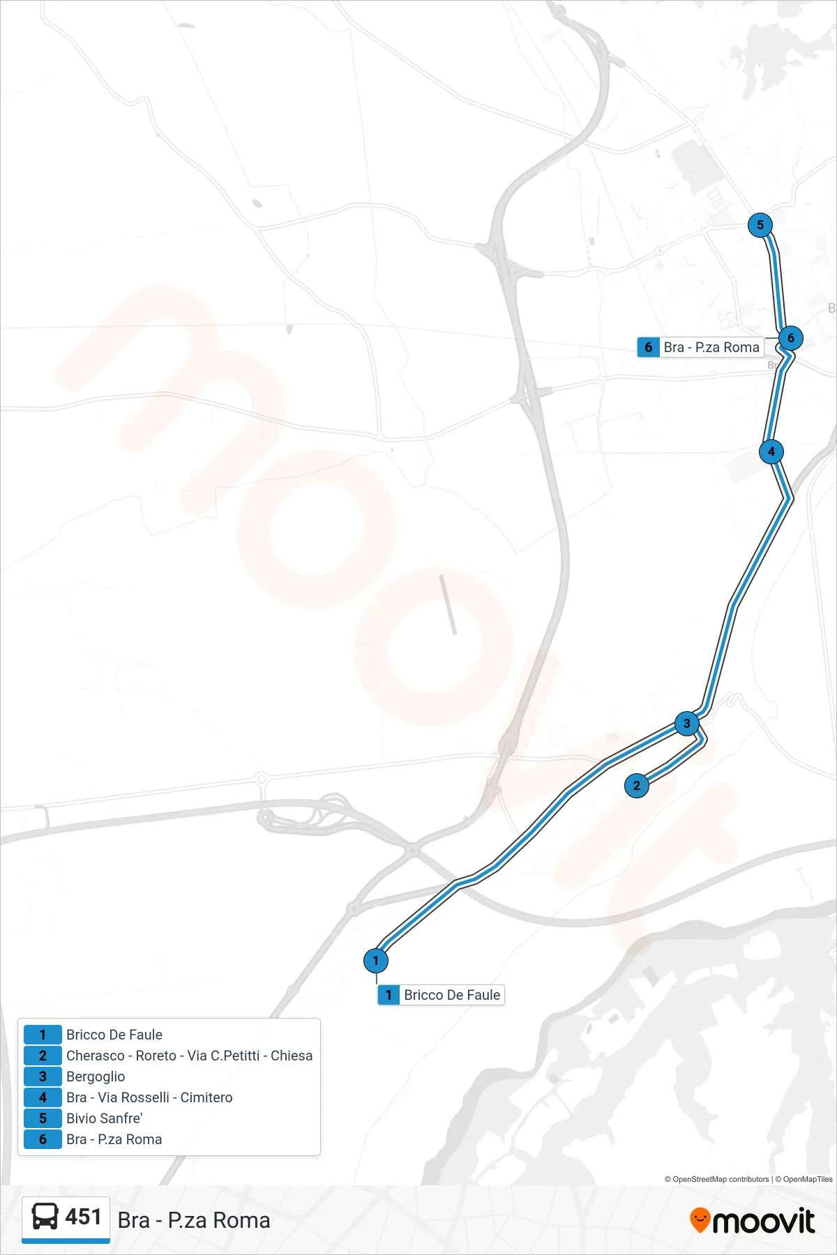 Linea 451 bus (Bra - P.za Roma) - Percorsi e fermate sulla mappa