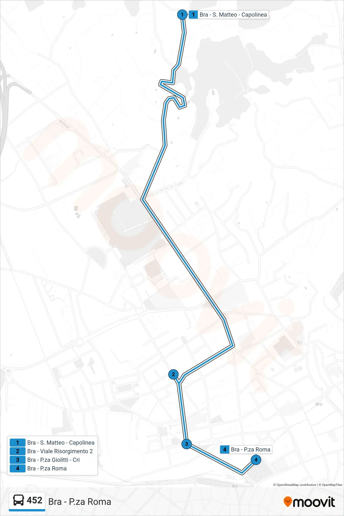 Linea 452 bus (Bra - P.za Roma) - Percorsi e fermate sulla mappa