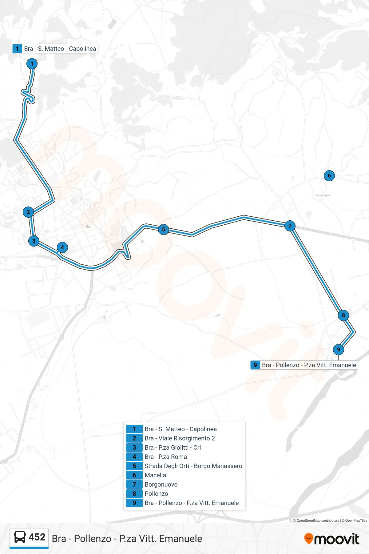 Linea 452 bus (Bra - Pollenzo - P.za Vitt. Emanuele) - Percorsi e fermate sulla mappa