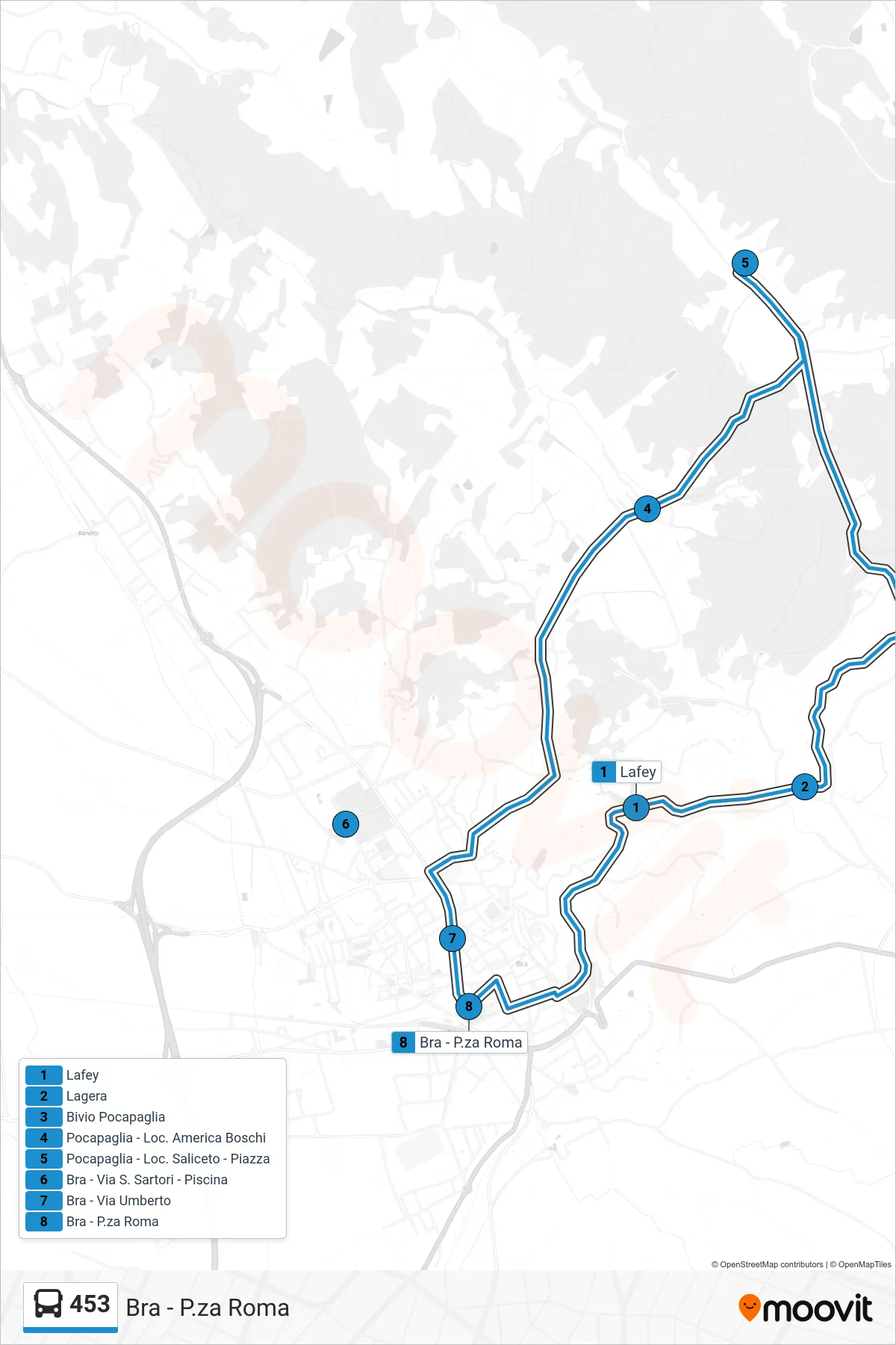 Linea 453 bus (Bra - P.za Roma) - Percorsi e fermate sulla mappa