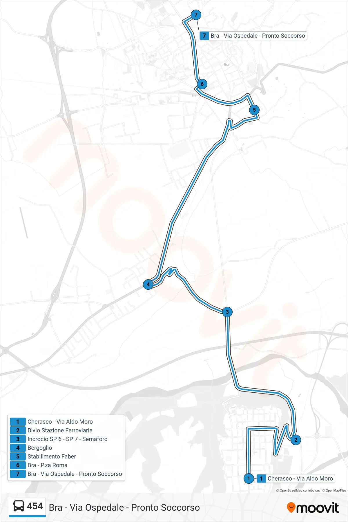 Linea 454 bus (Bra - Via Ospedale - Pronto Soccorso) - Percorsi e fermate sulla mappa