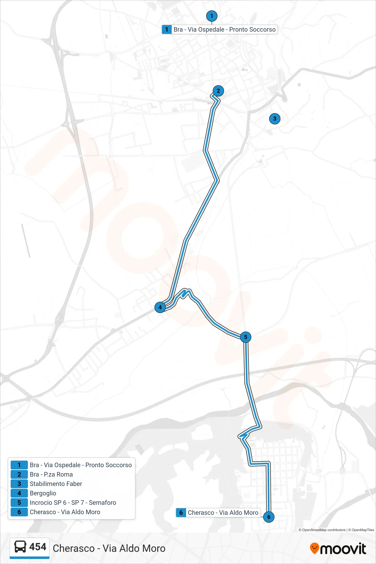 Linea 454  bus (Cherasco - Via Aldo Moro) - Percorsi e fermate sulla mappa