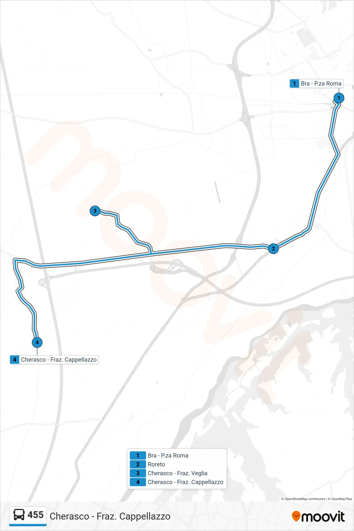 Linea 455 bus (Cherasco - Fraz. Cappellazzo) - Percorsi e fermate sulla mappa