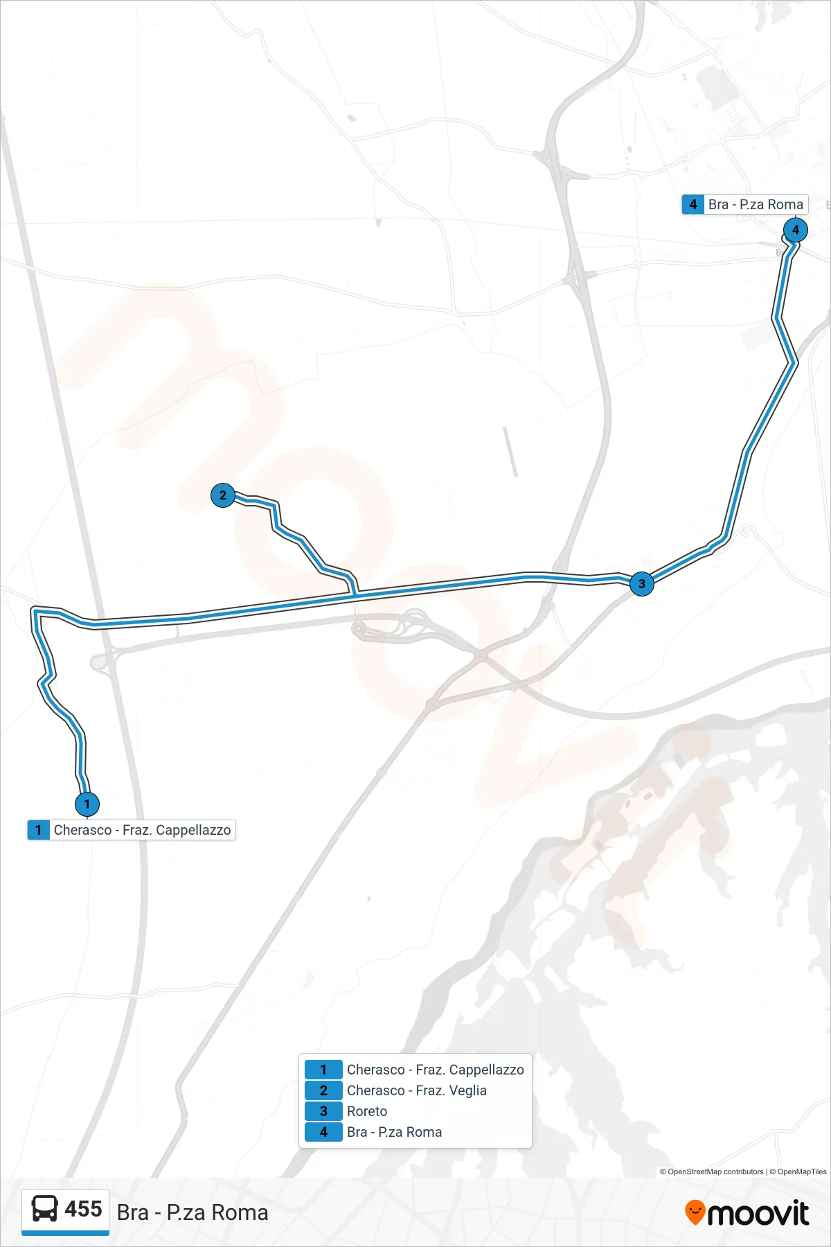 Linea 455  bus (Bra - P.za Roma) - Percorsi e fermate sulla mappa