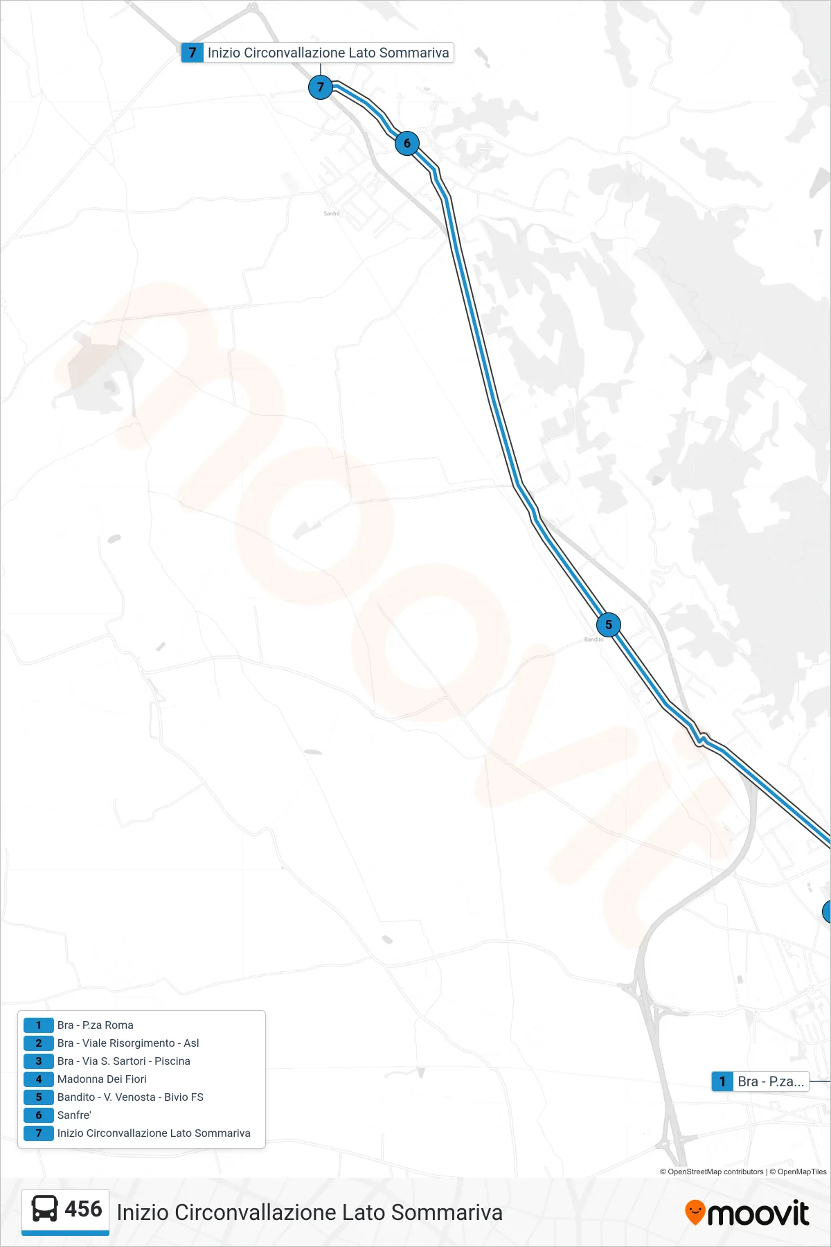 Linea 456  bus (Inizio Circonvallazione Lato Sommariva) - Percorsi e fermate sulla mappa
