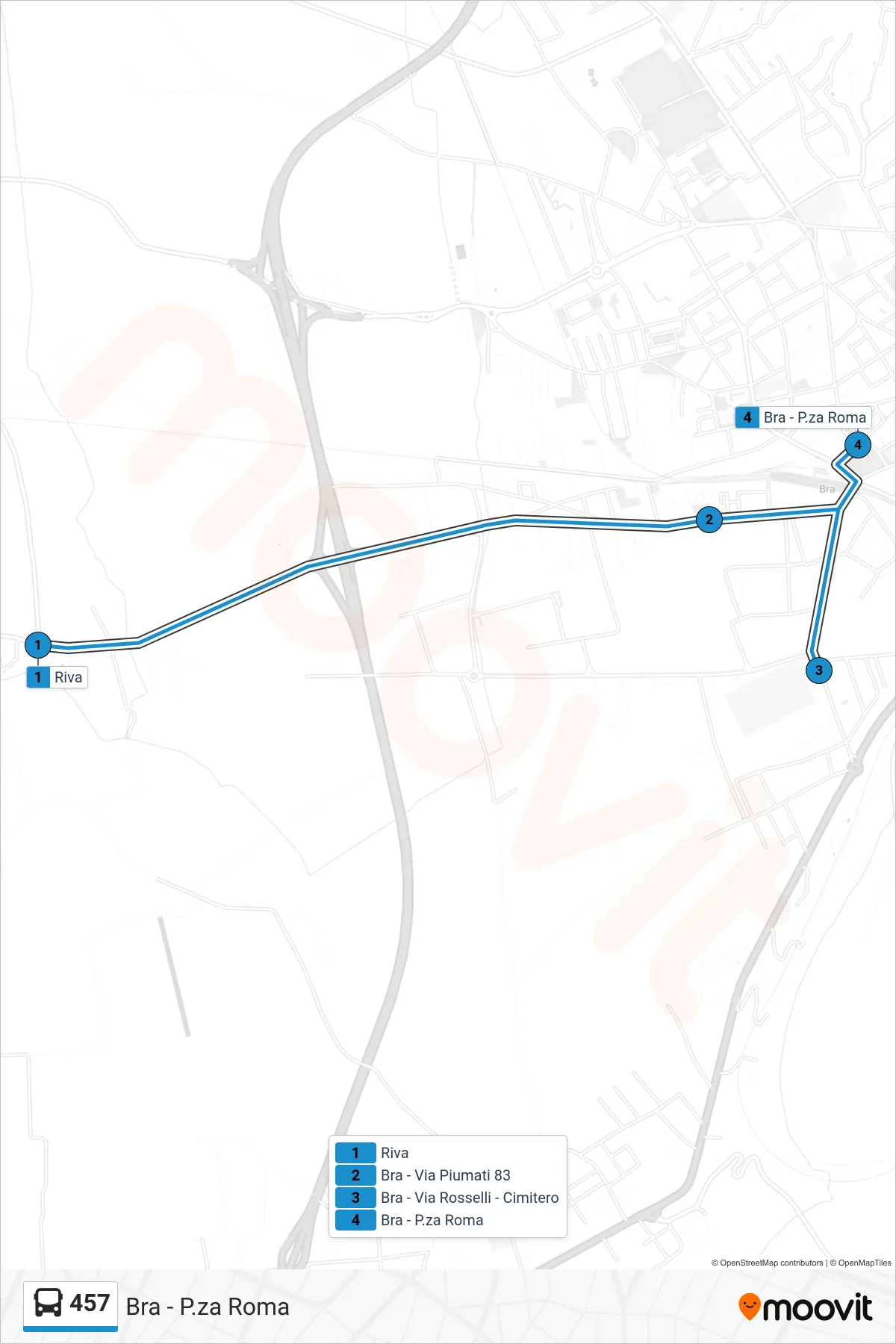 Linea 457  bus (Bra - P.za Roma) - Percorsi e fermate sulla mappa