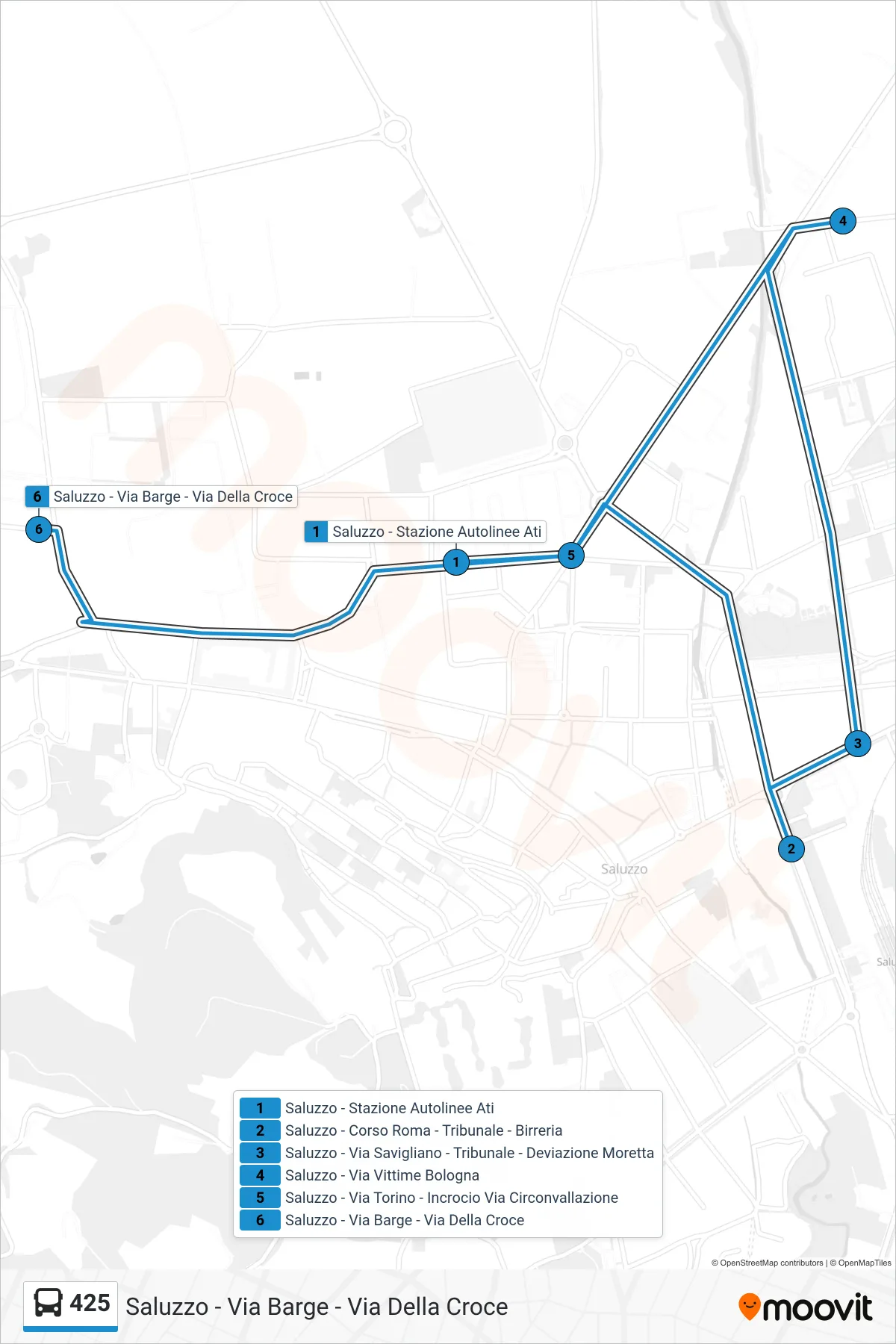 Linea 425  bus (Saluzzo - Via Barge - Via Della Croce) - Percorsi e fermate sulla mappa
