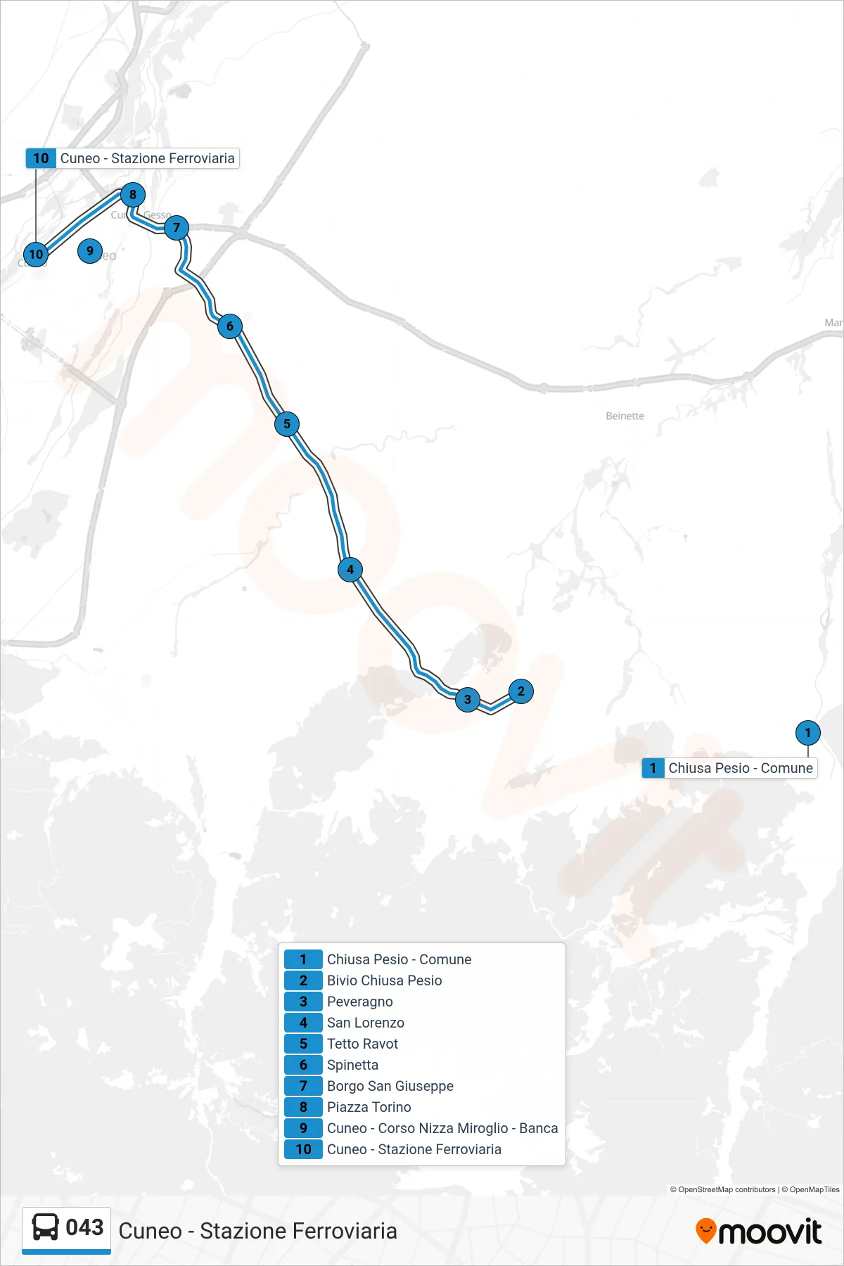 Linea 043 bus (Cuneo - Stazione Ferroviaria) - Percorsi e fermate sulla mappa