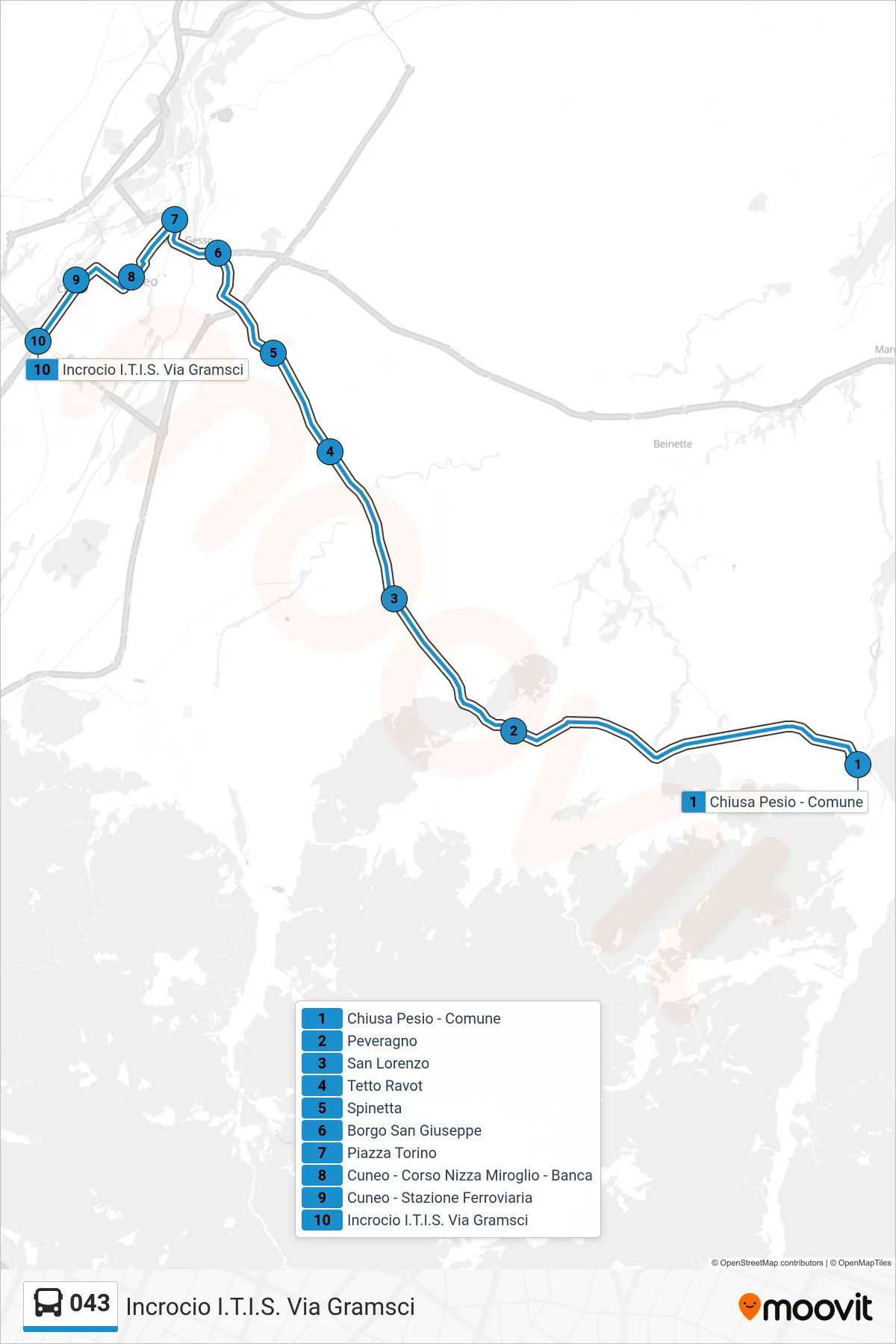 Linea 043 bus (Incrocio I.T.I.S. Via Gramsci) - Percorsi e fermate sulla mappa