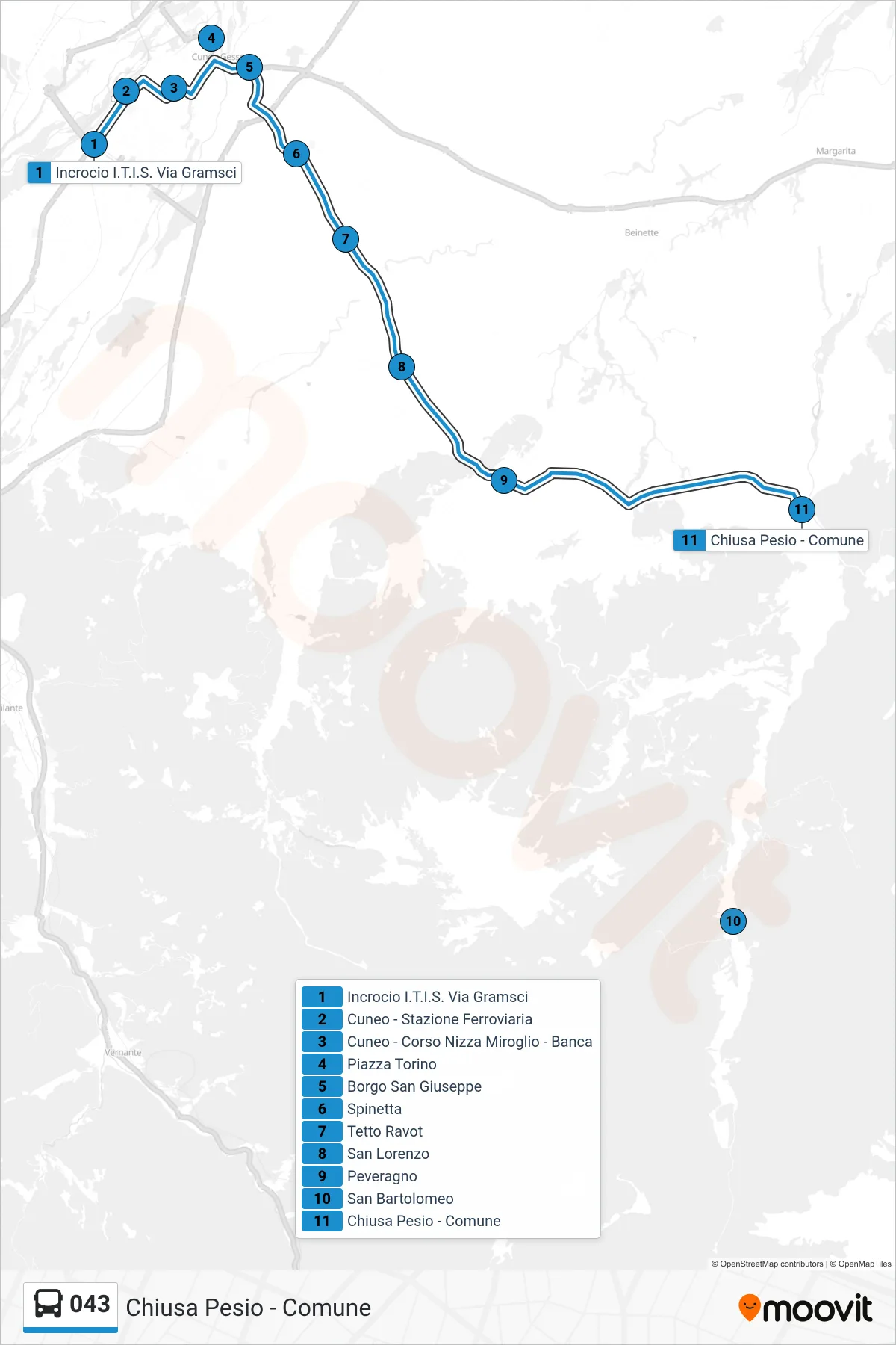Linea 043  bus (Chiusa Pesio - Comune) - Percorsi e fermate sulla mappa